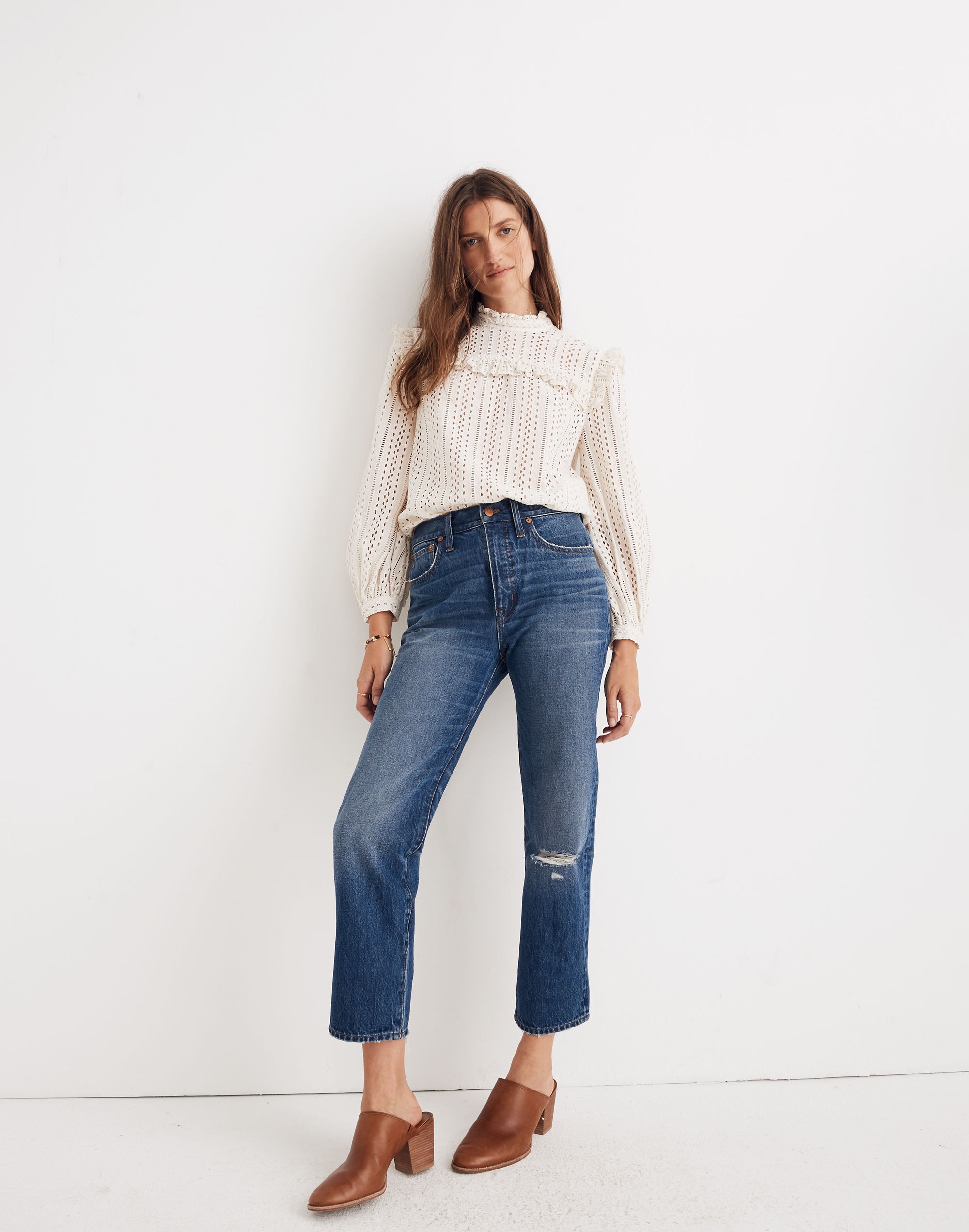 Petite Classic Straight Jeans in Jade Wash: Knee-Rip Edition