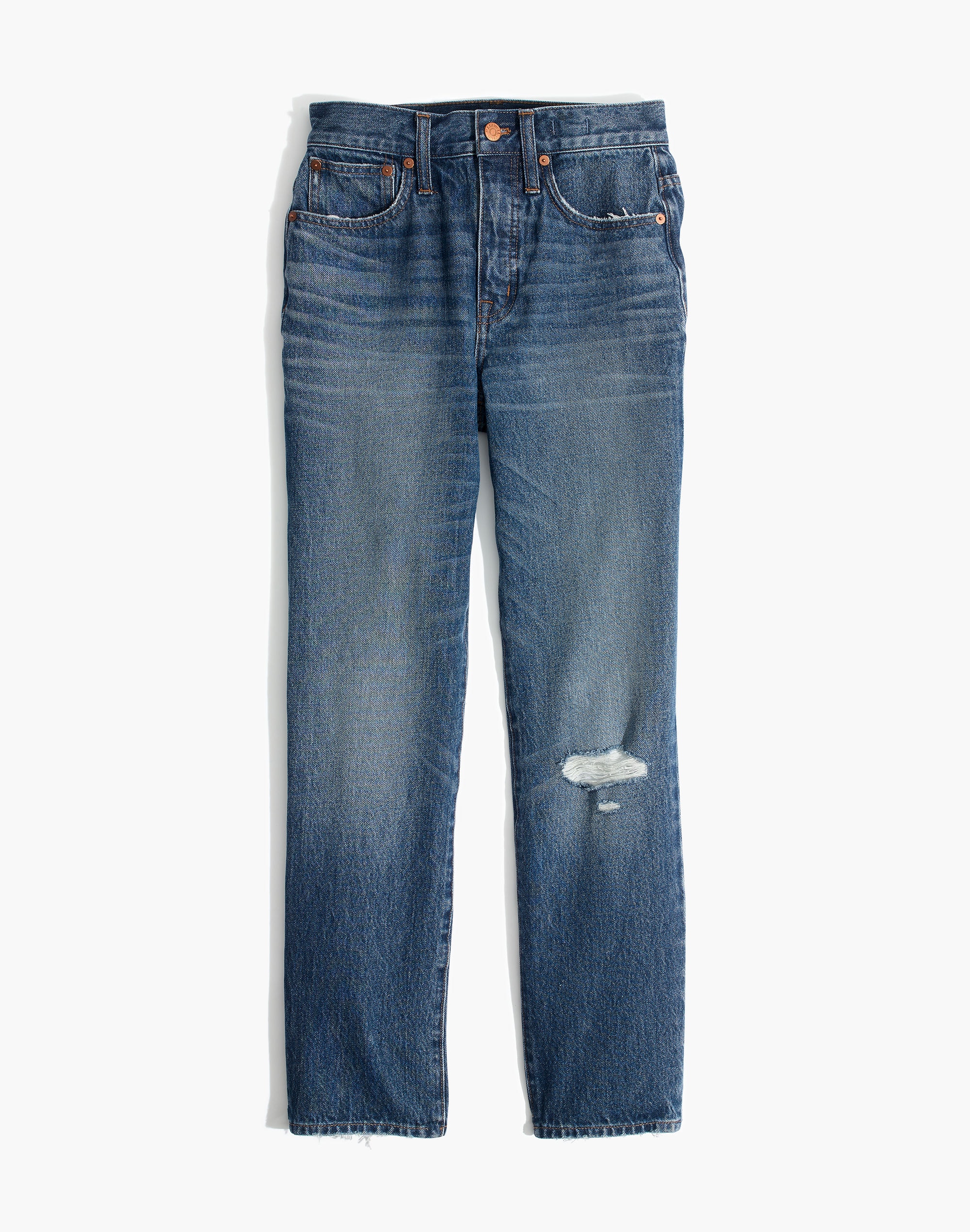 Petite Classic Straight Jeans in Jade Wash: Knee-Rip Edition