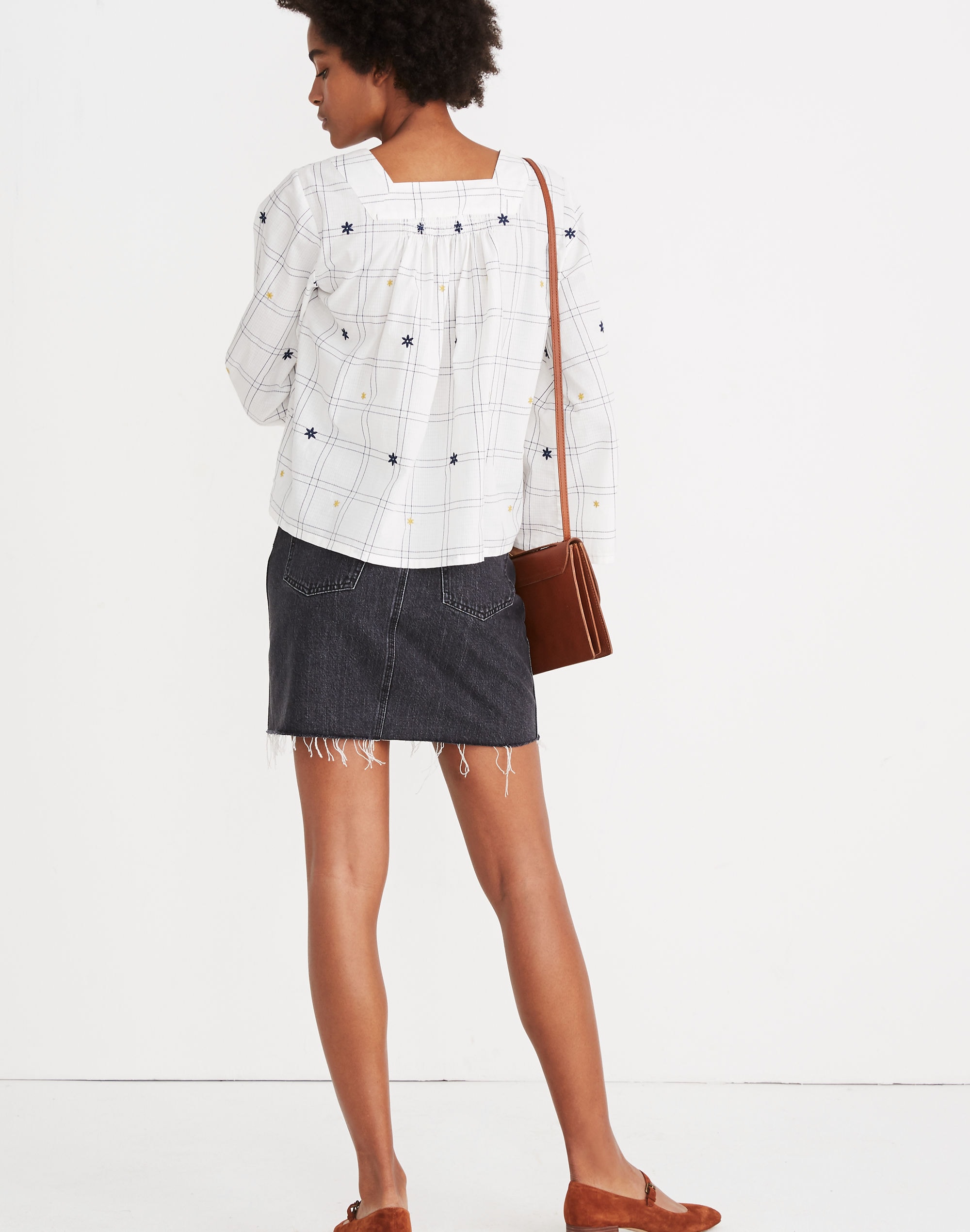 Embroidered Windowpane Square-Neck Button-Down Top