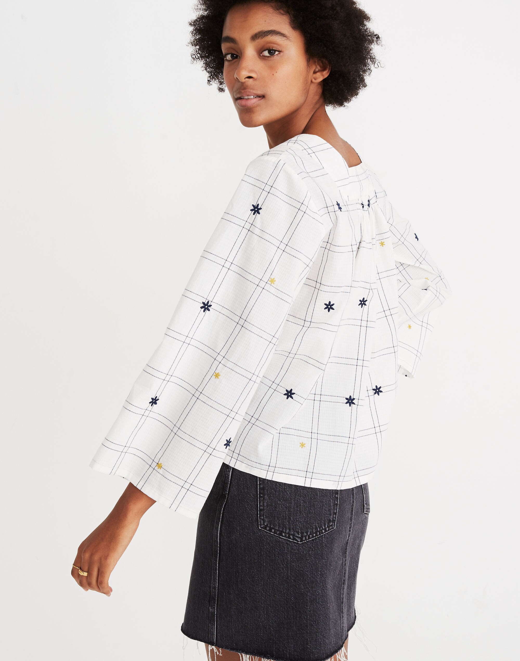 Embroidered Windowpane Square-Neck Button-Down Top