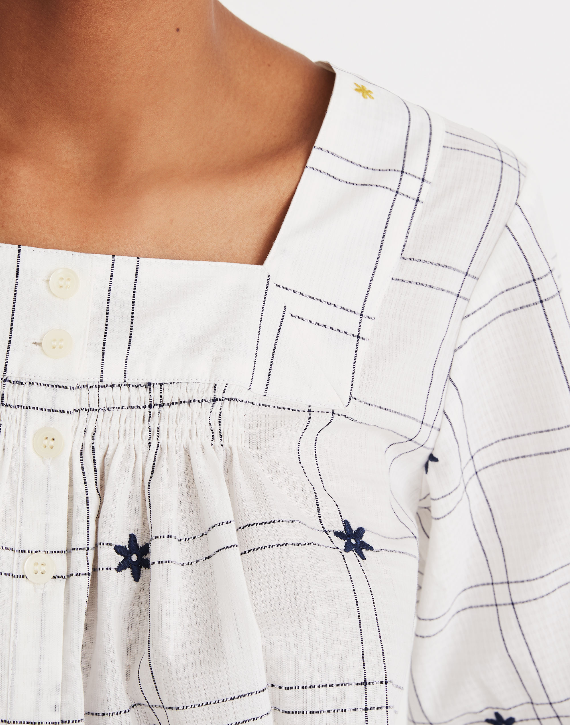 Embroidered Windowpane Square-Neck Button-Down Top