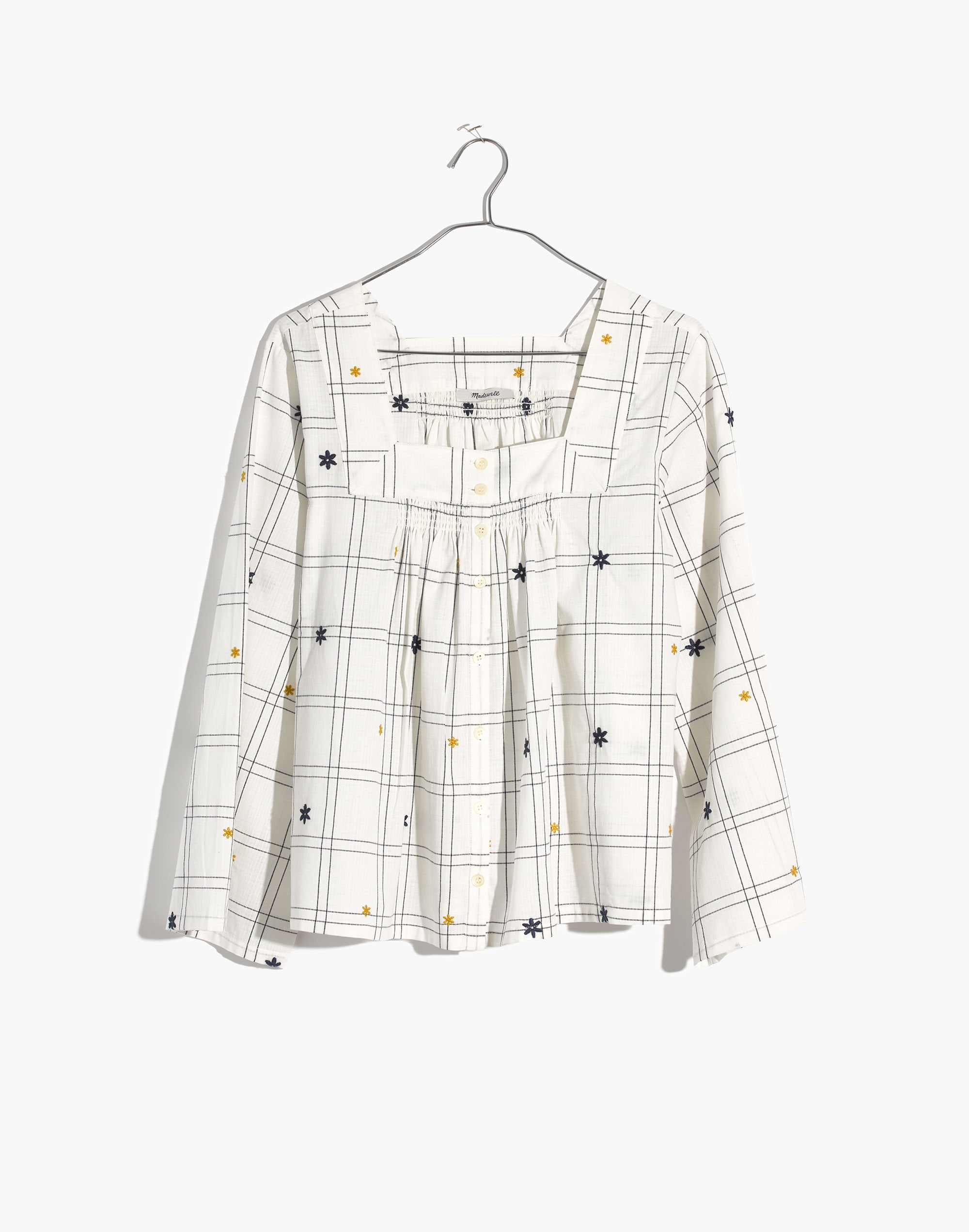 Embroidered Windowpane Square-Neck Button-Down Top