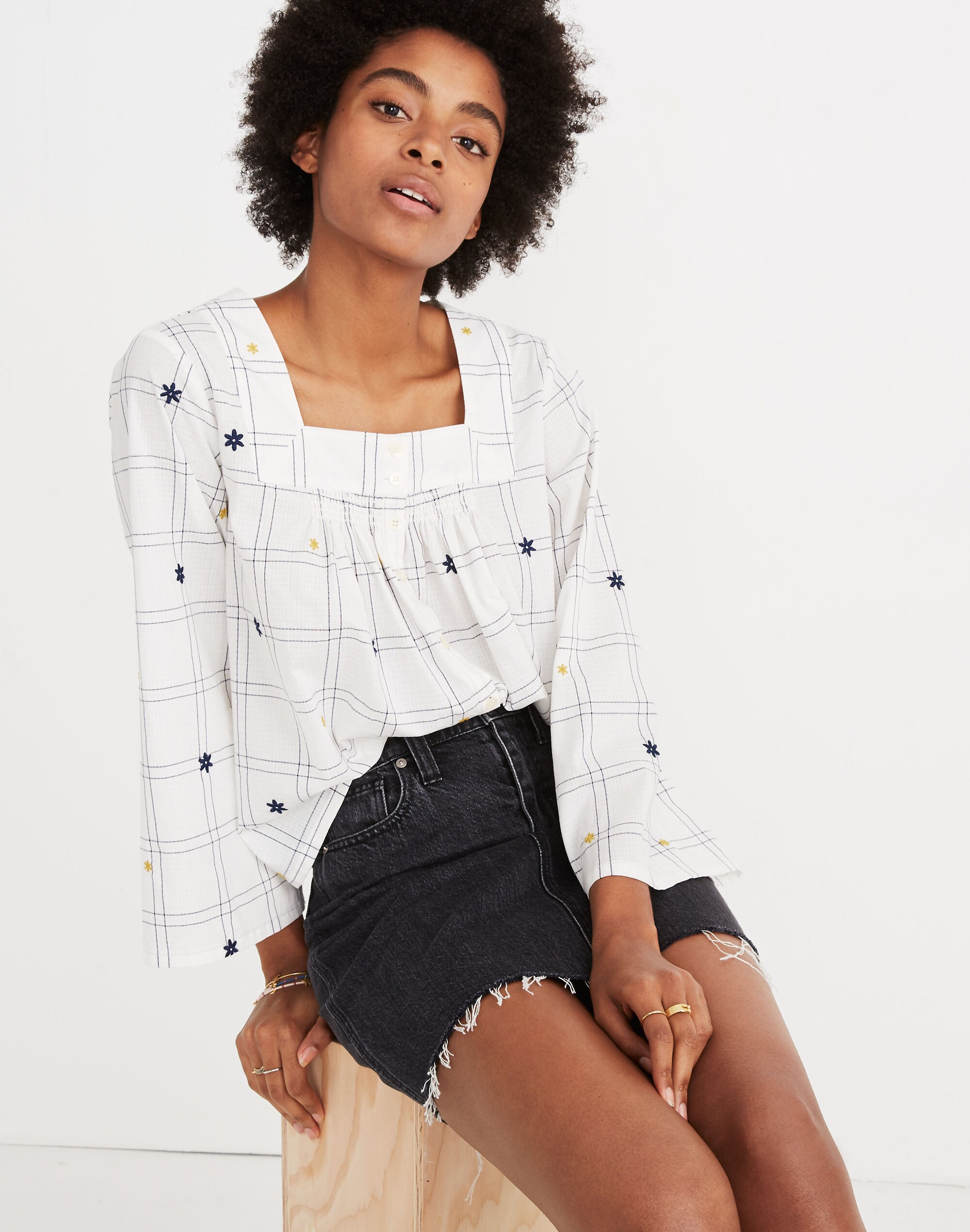 Embroidered Windowpane Square-Neck Button-Down Top