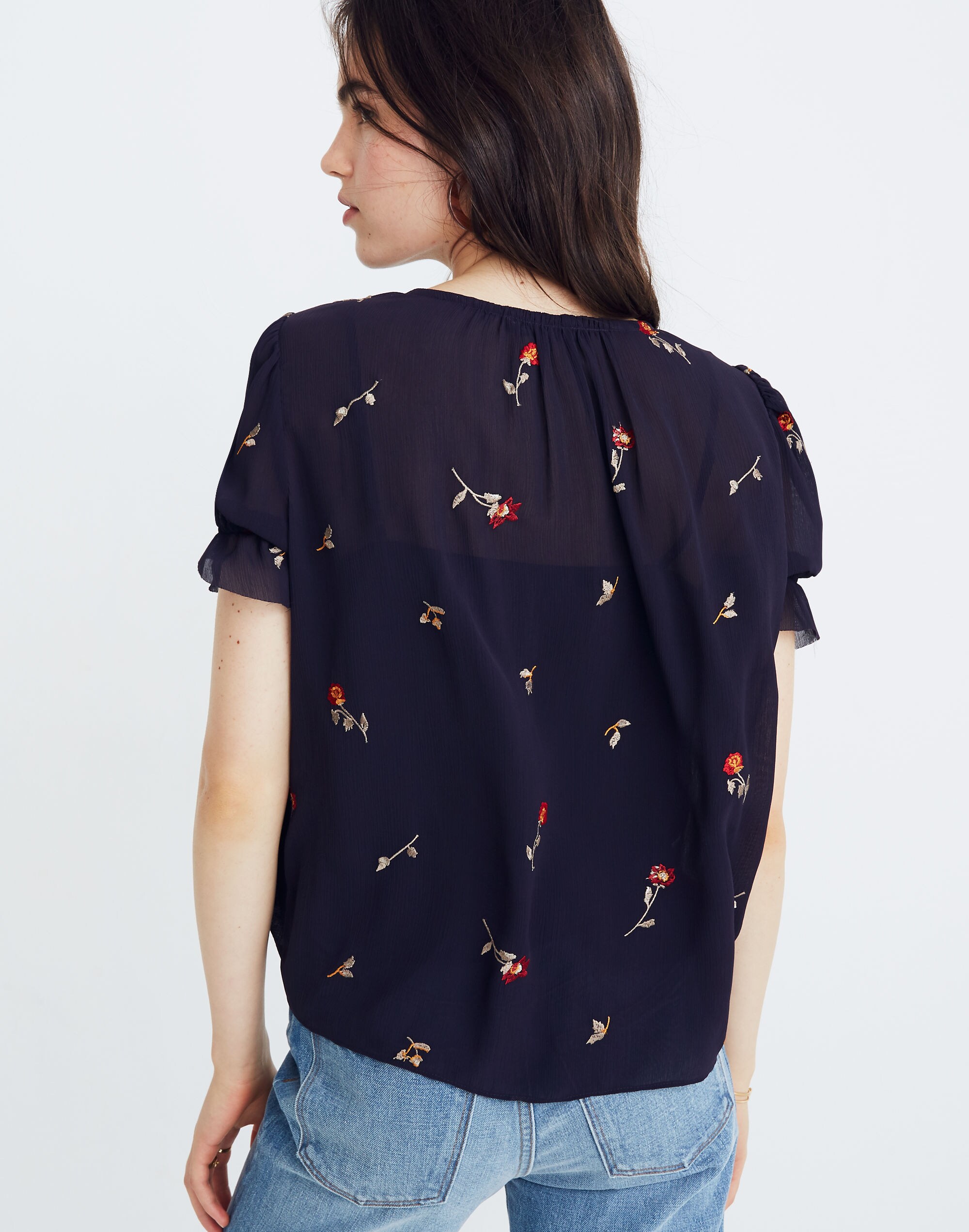 Embroidered Zephyr Ruffle-Sleeve Top in Sweet Blossoms