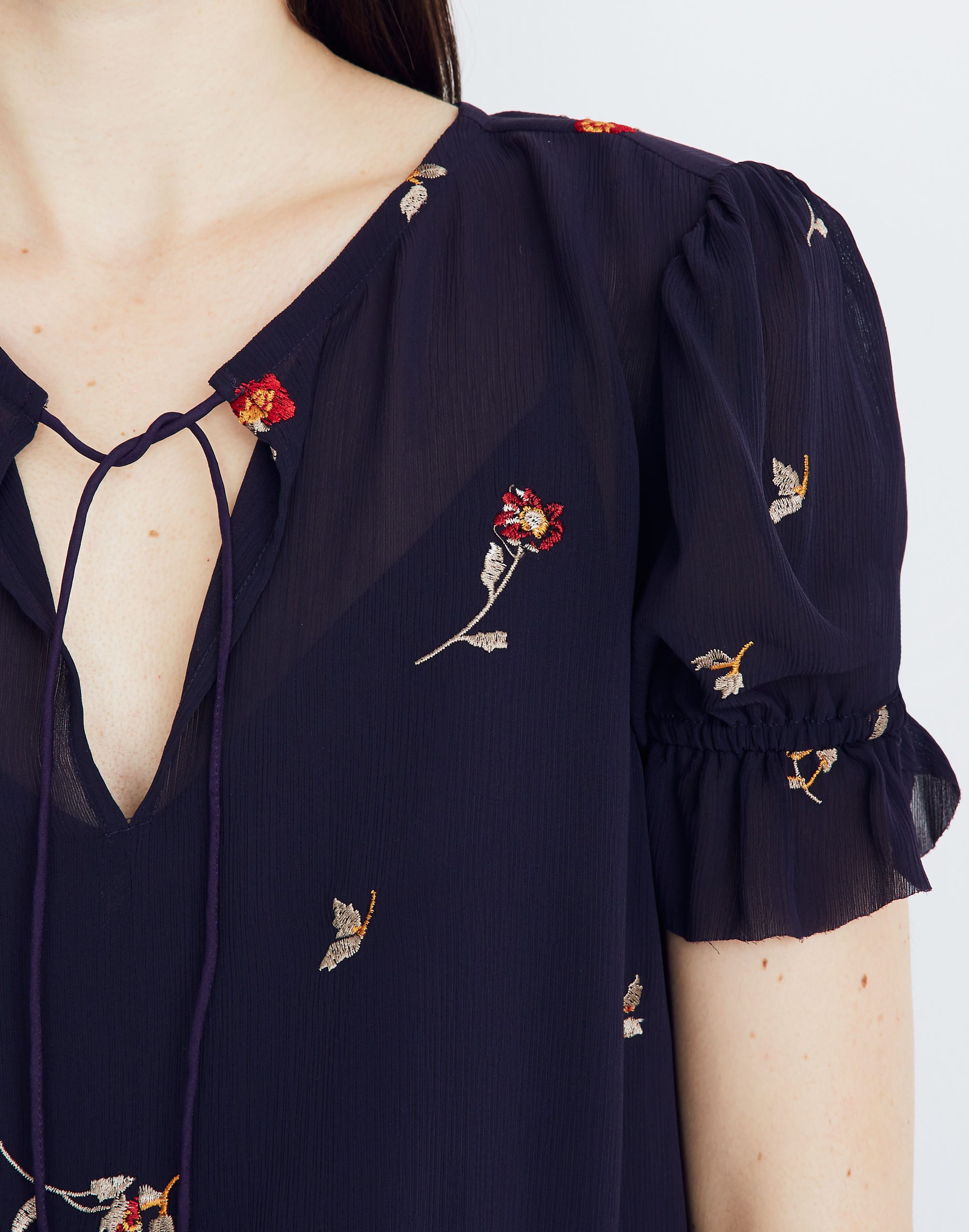 Embroidered Zephyr Ruffle-Sleeve Top in Sweet Blossoms