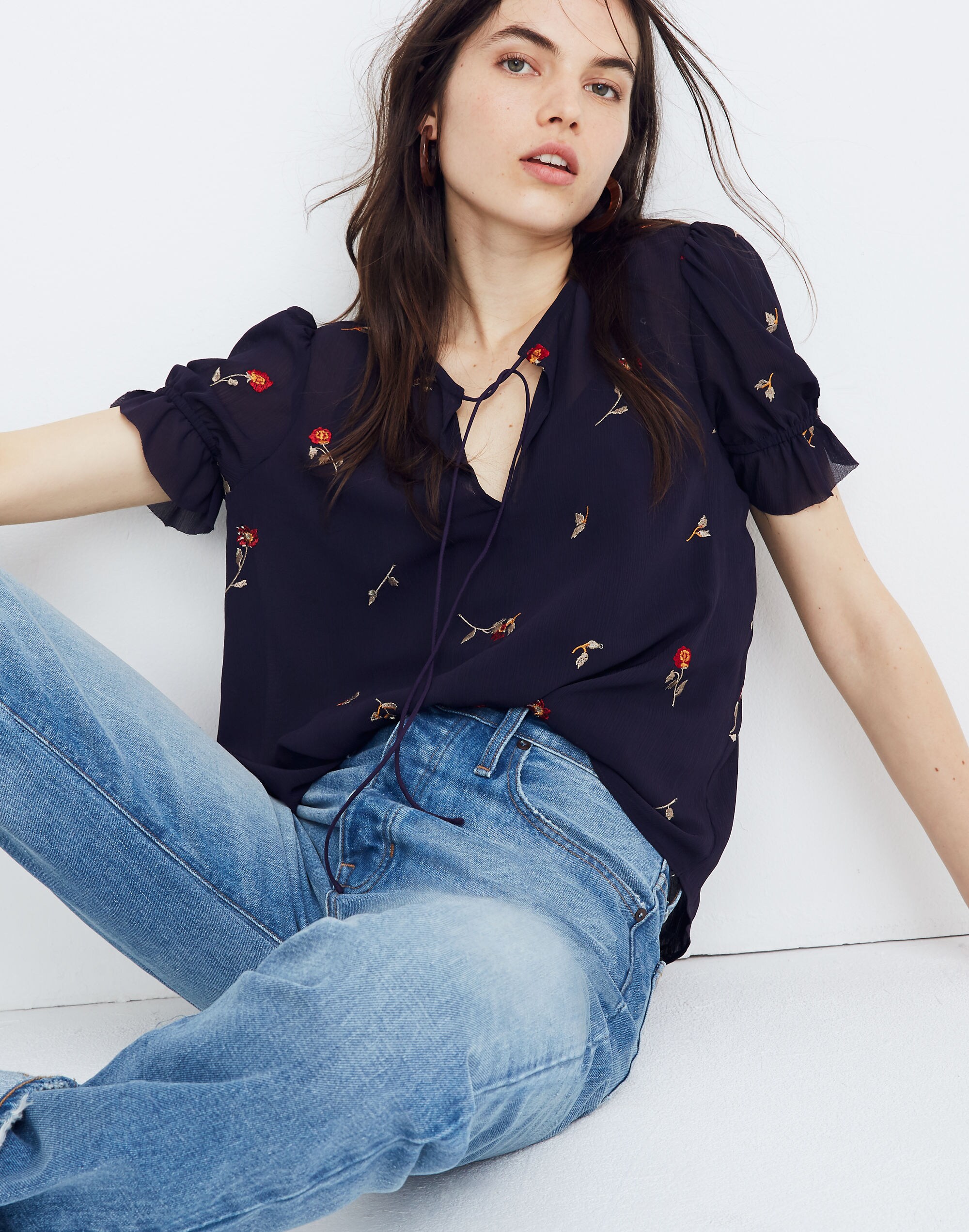 Embroidered Zephyr Ruffle-Sleeve Top in Sweet Blossoms