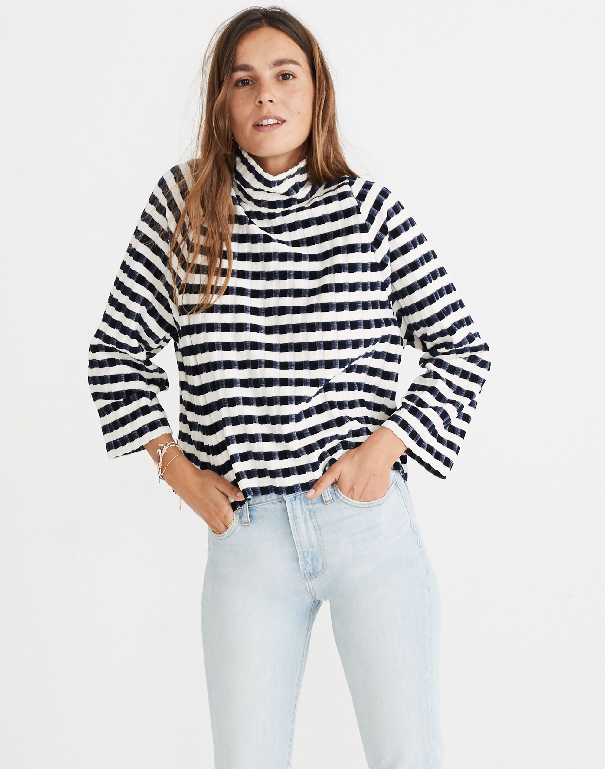 texture &amp; thread long-sleeve mockneck top in velvet-stripe