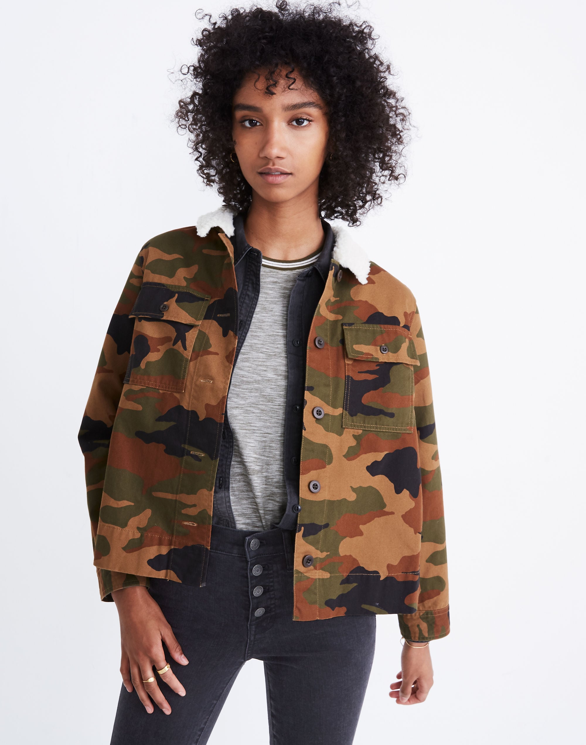 northward cropped army jacket in cottontail camo: sherpa edition