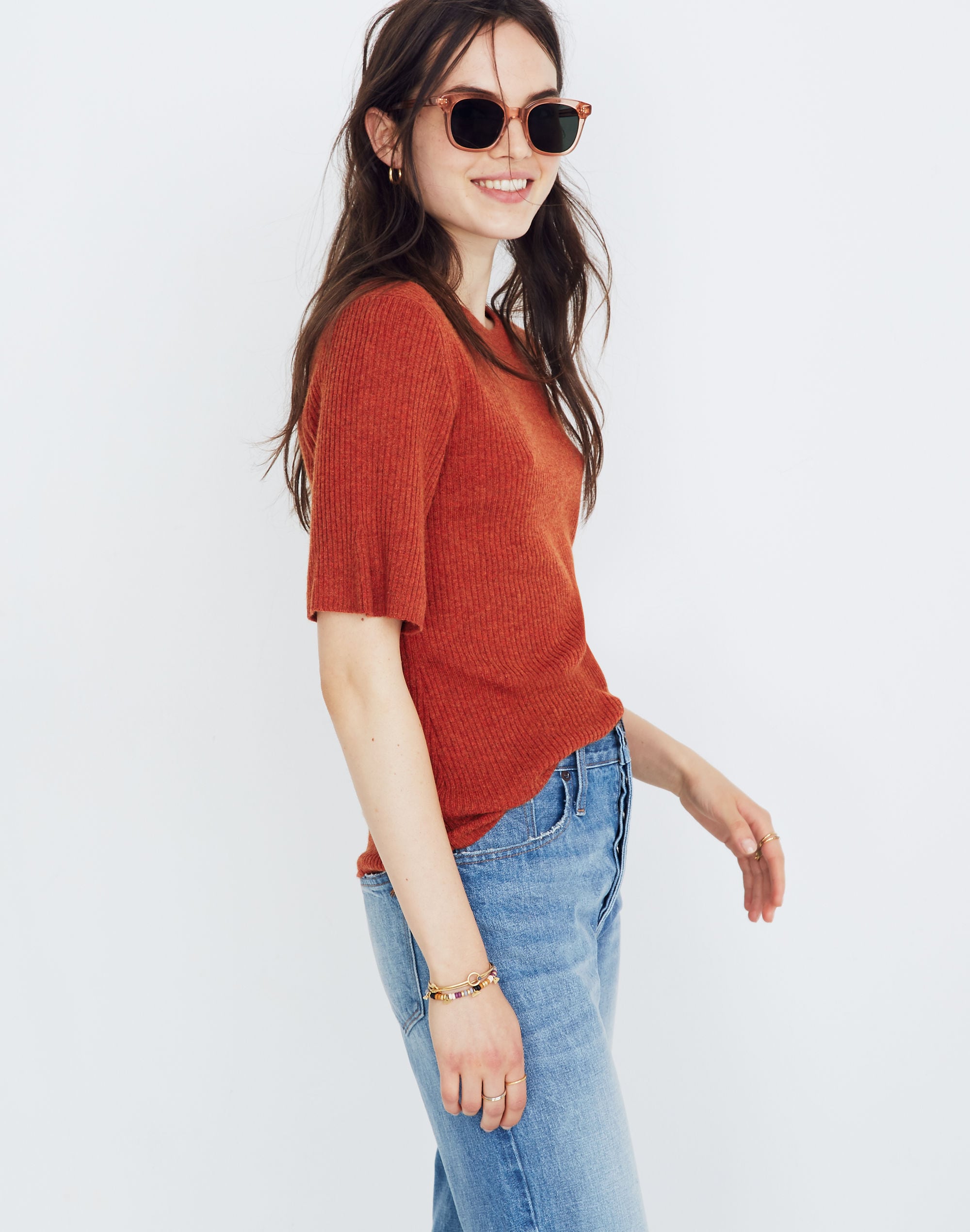 Flounce-Sleeve Ribbed Sweater Top