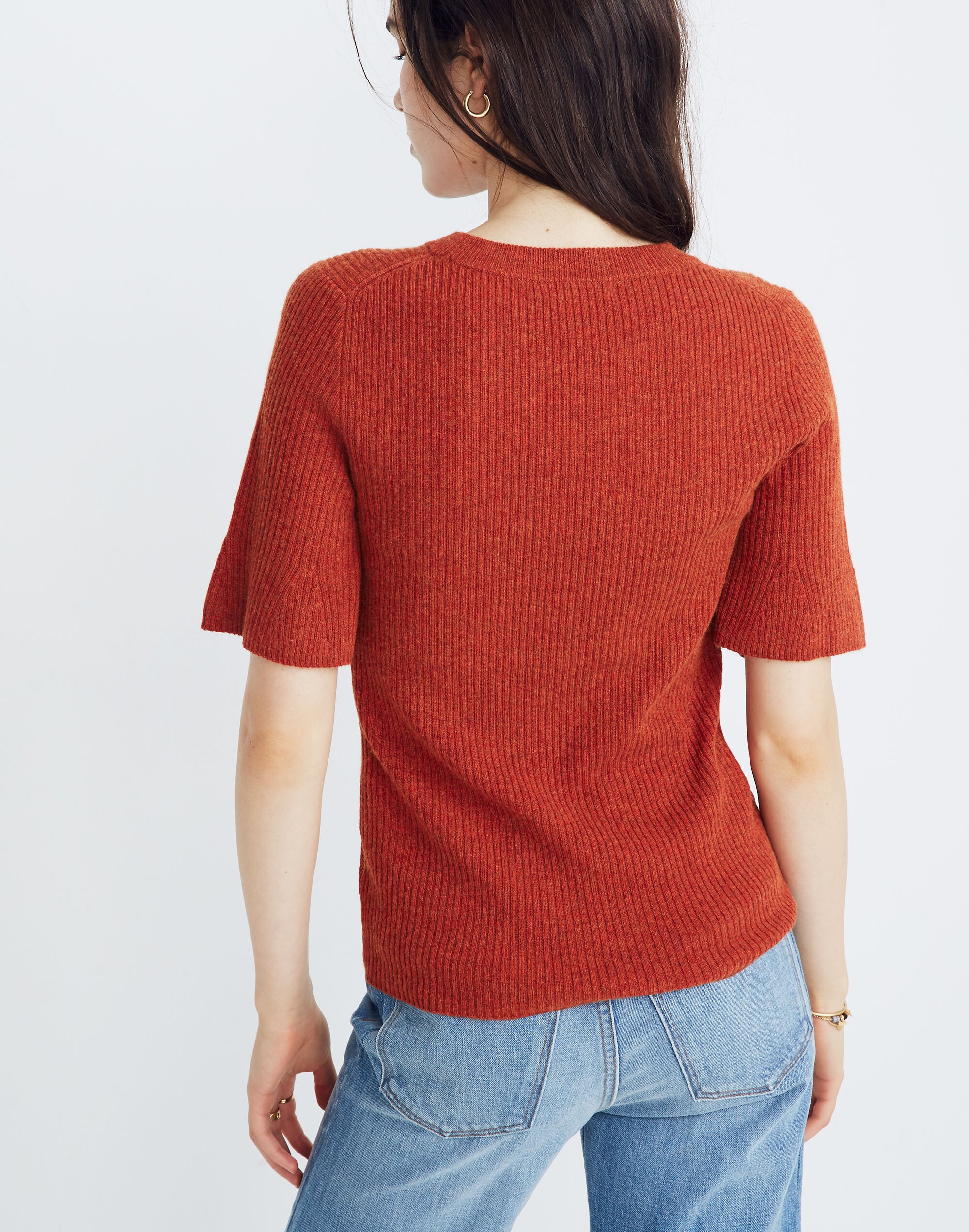 Flounce-Sleeve Ribbed Sweater Top