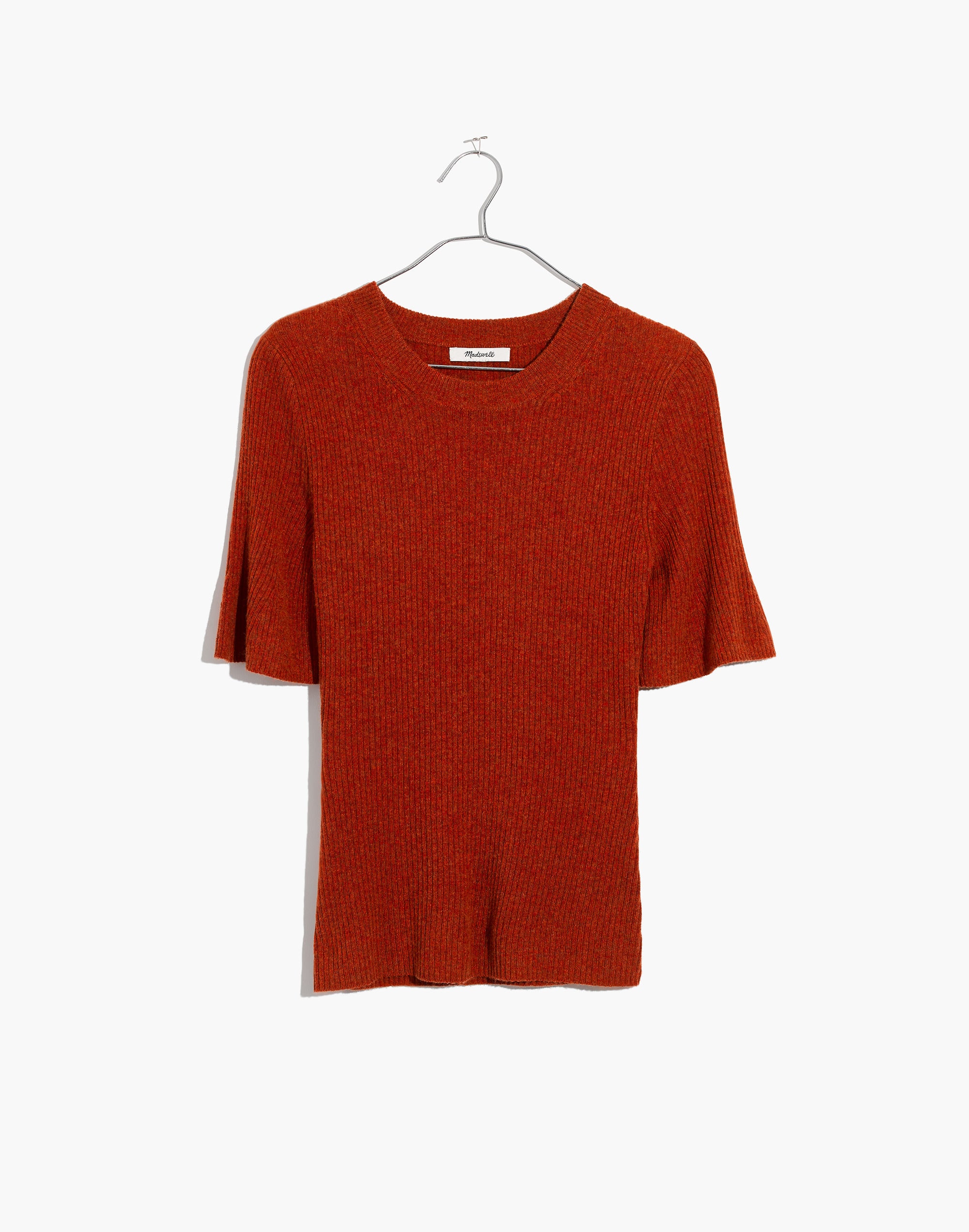 Flounce-Sleeve Ribbed Sweater Top