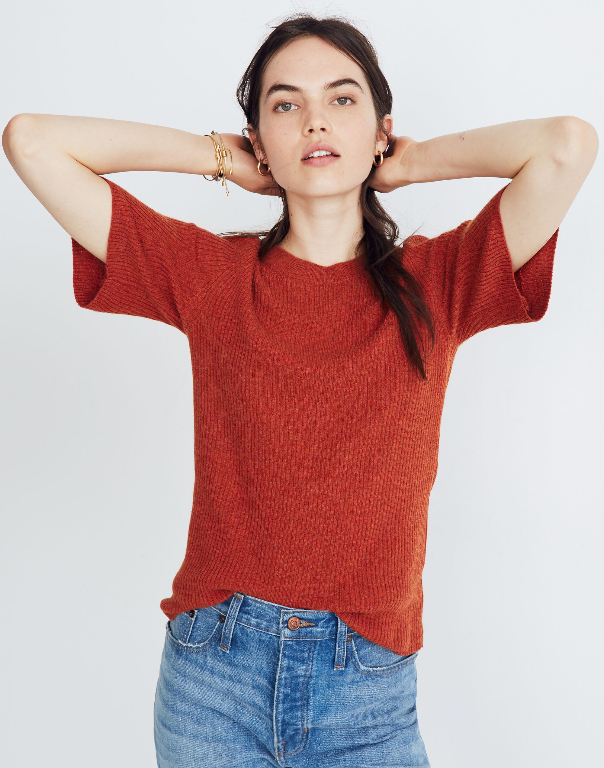 Flounce-Sleeve Ribbed Sweater Top