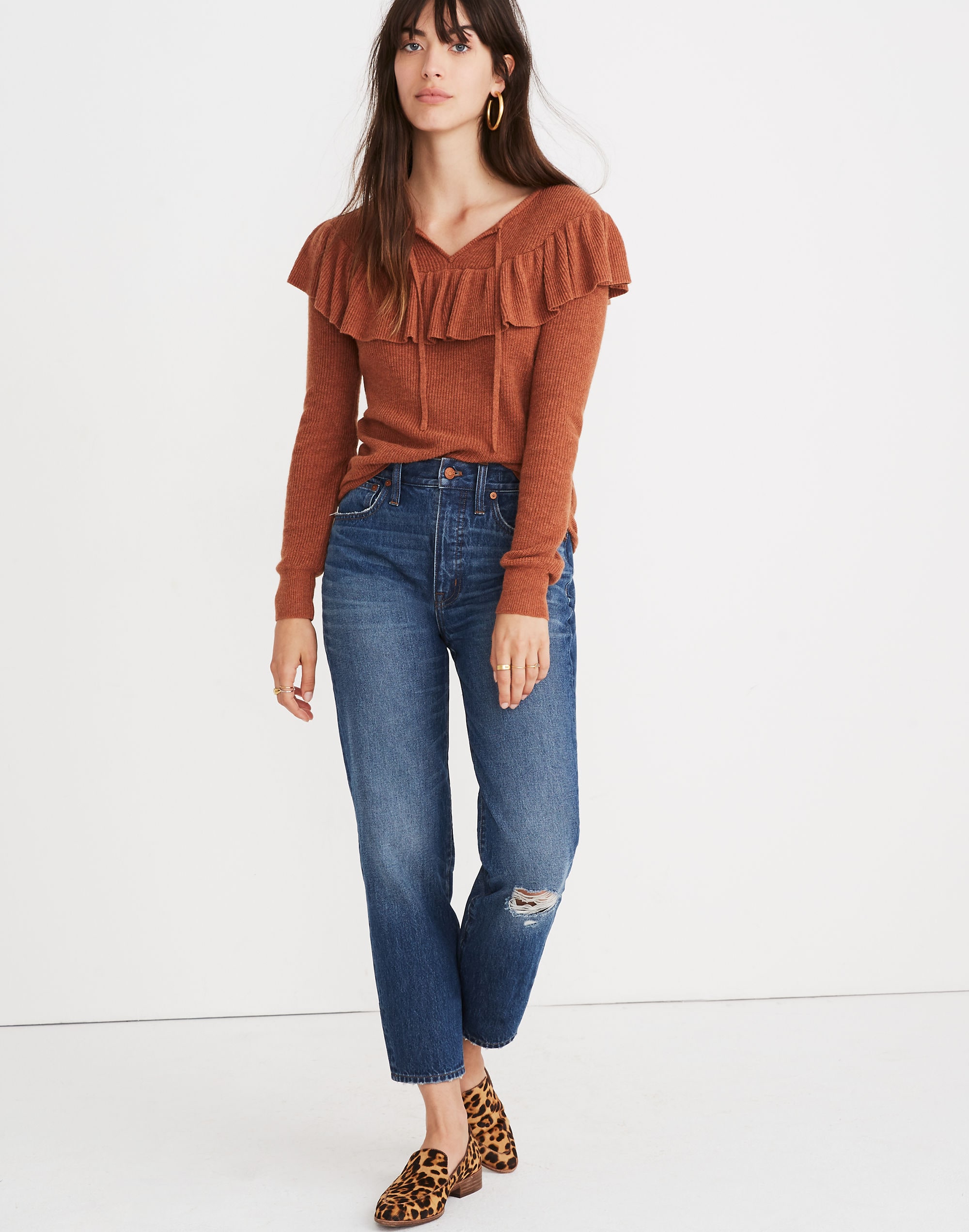 Ruffled Tie-Front Pullover Sweater