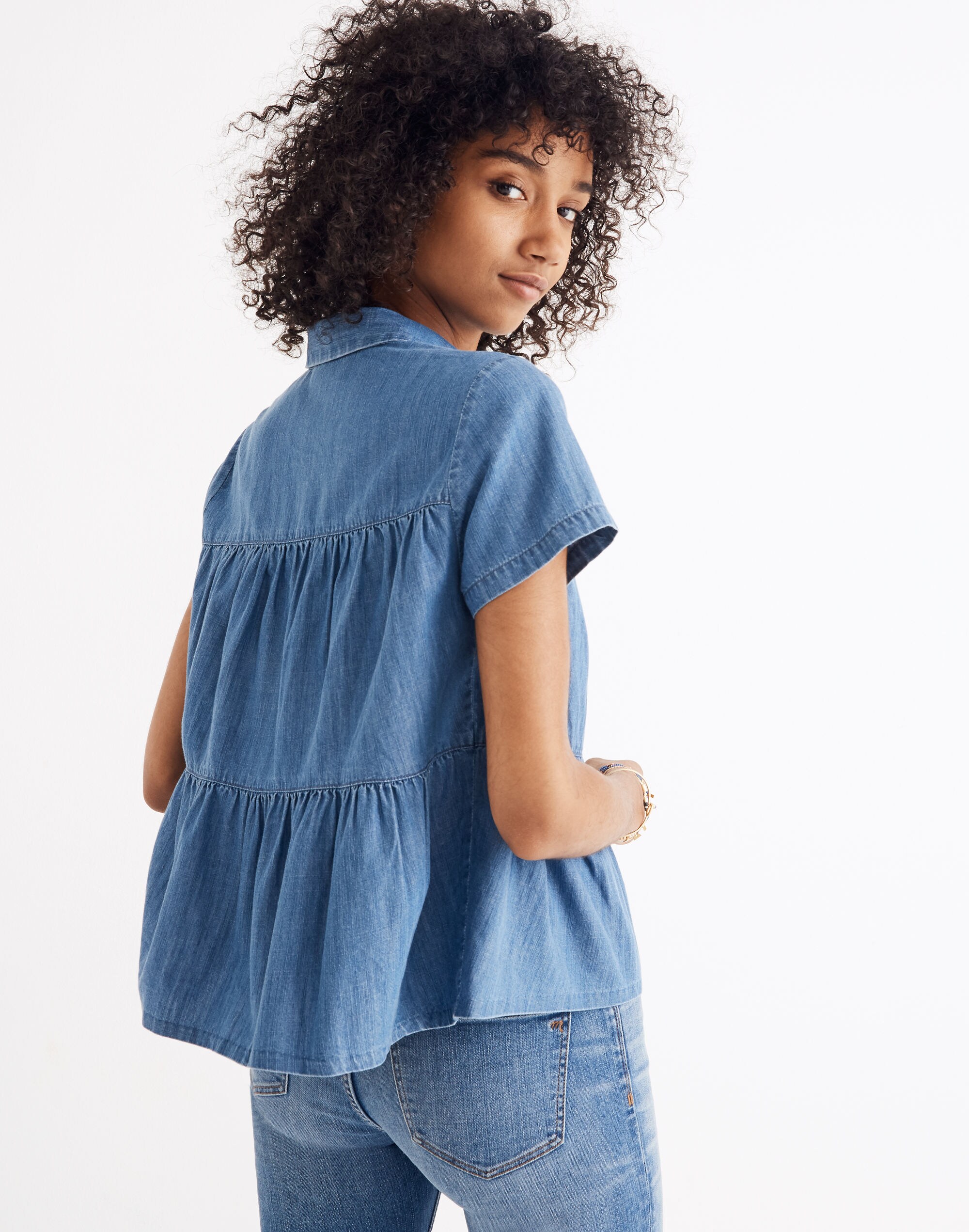 Denim Seamed Button-Down Shirt