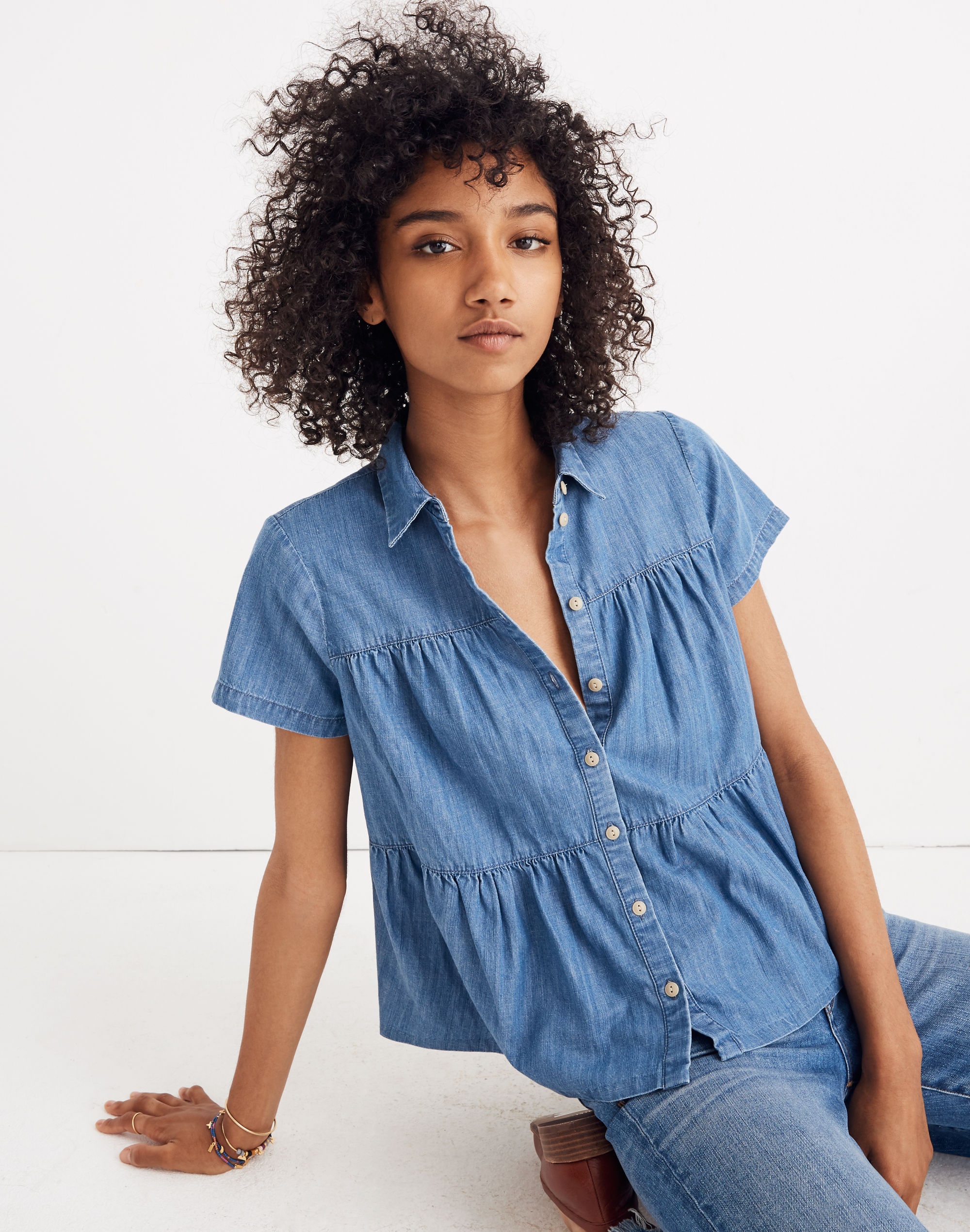 Denim Seamed Button-Down Shirt