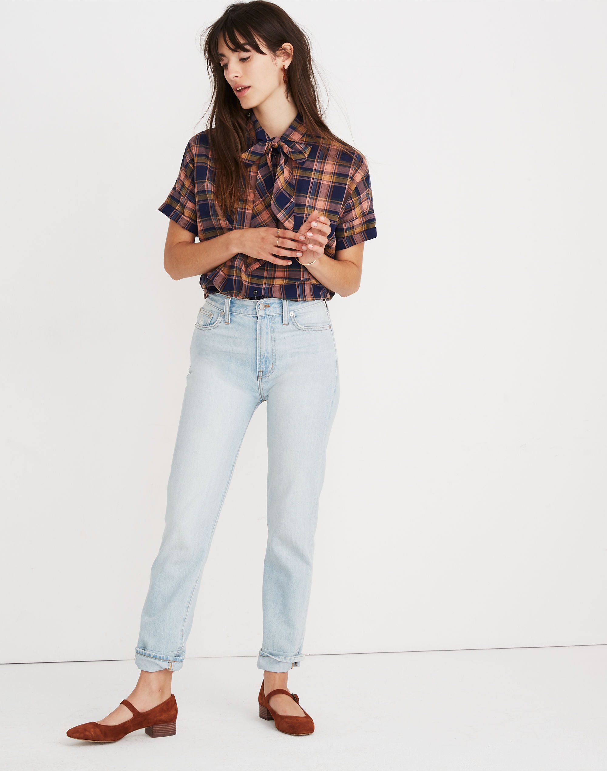 Short-Sleeve Tie-Neck Shirt in Junipero Plaid