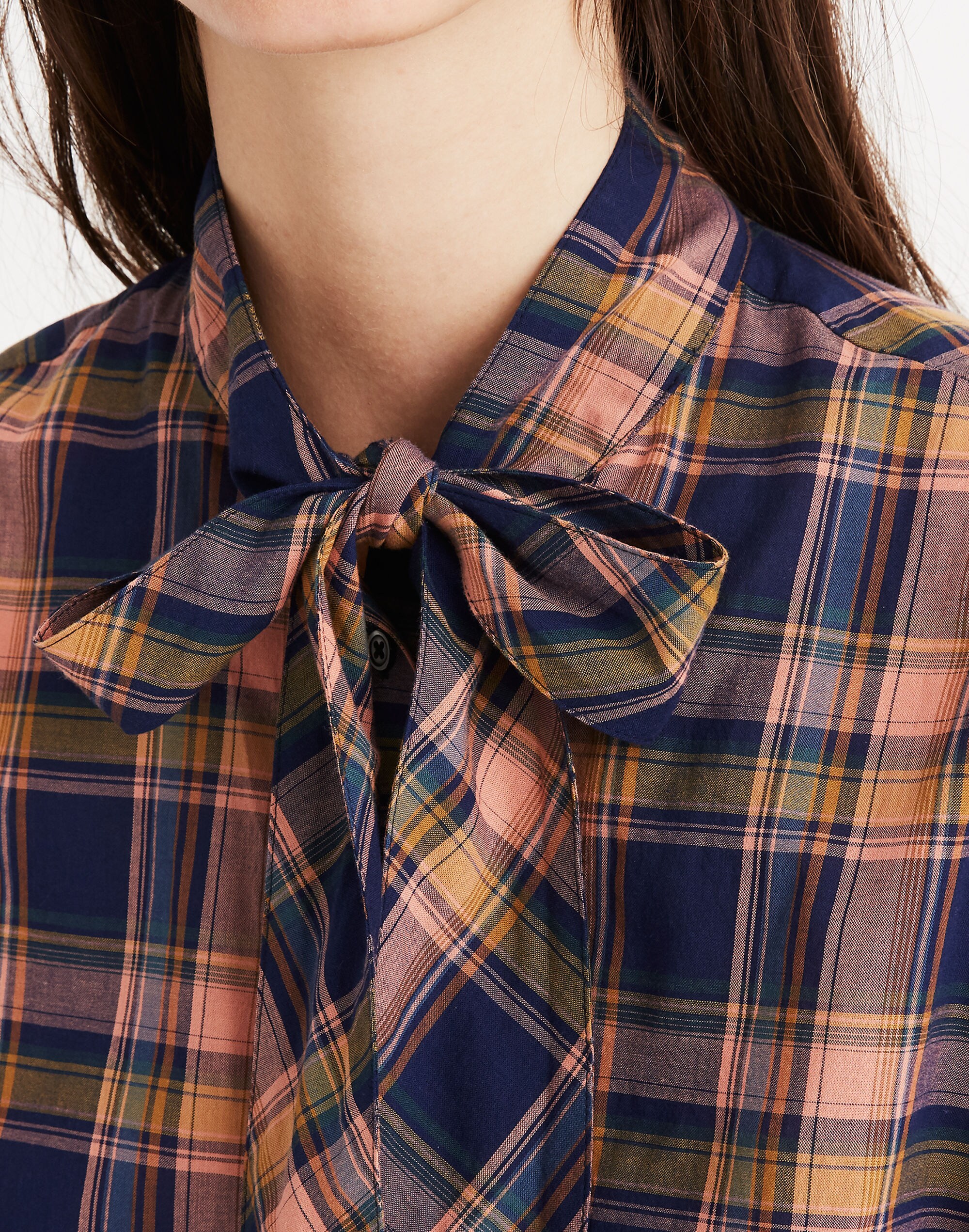 Short-Sleeve Tie-Neck Shirt in Junipero Plaid