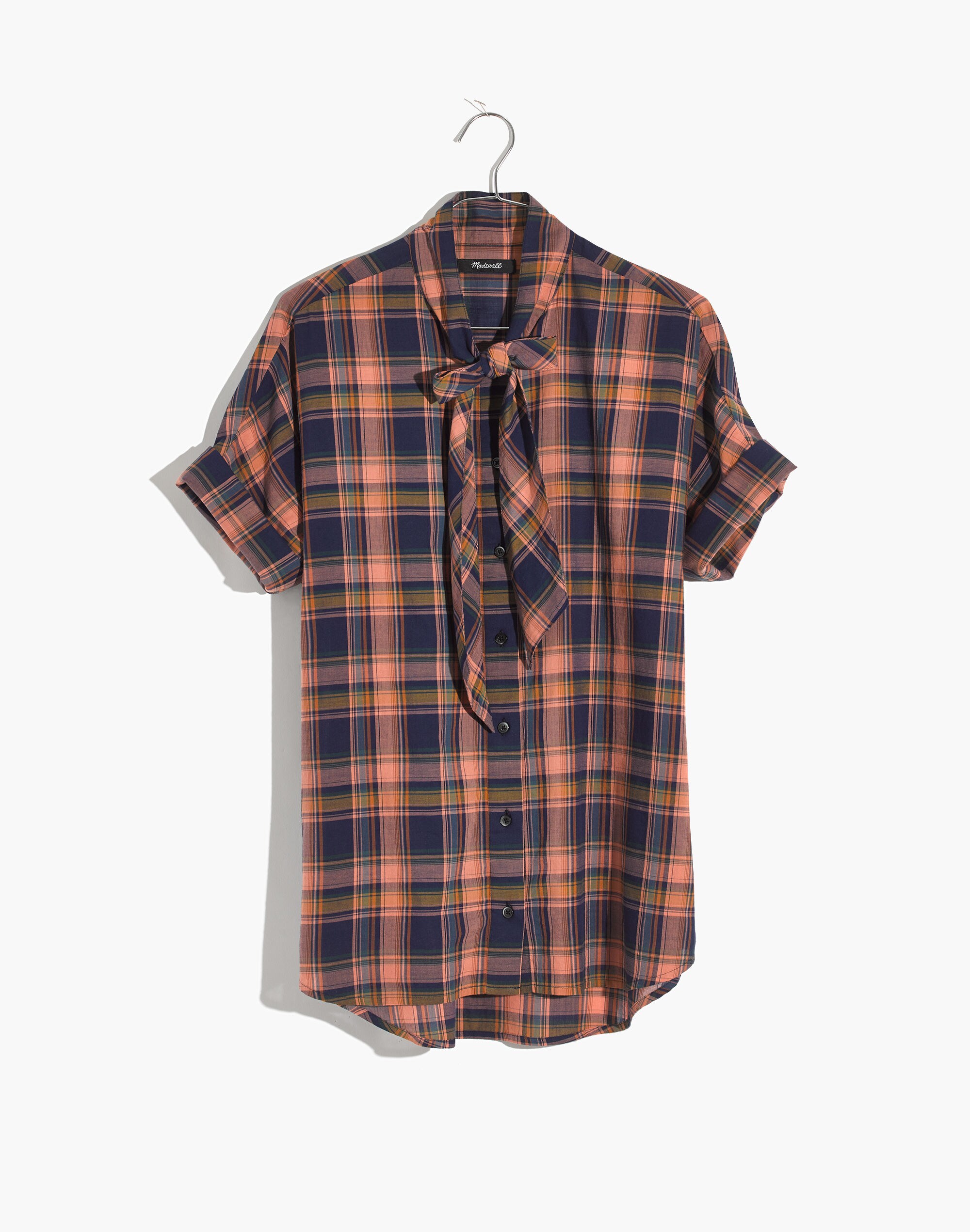 Short-Sleeve Tie-Neck Shirt in Junipero Plaid