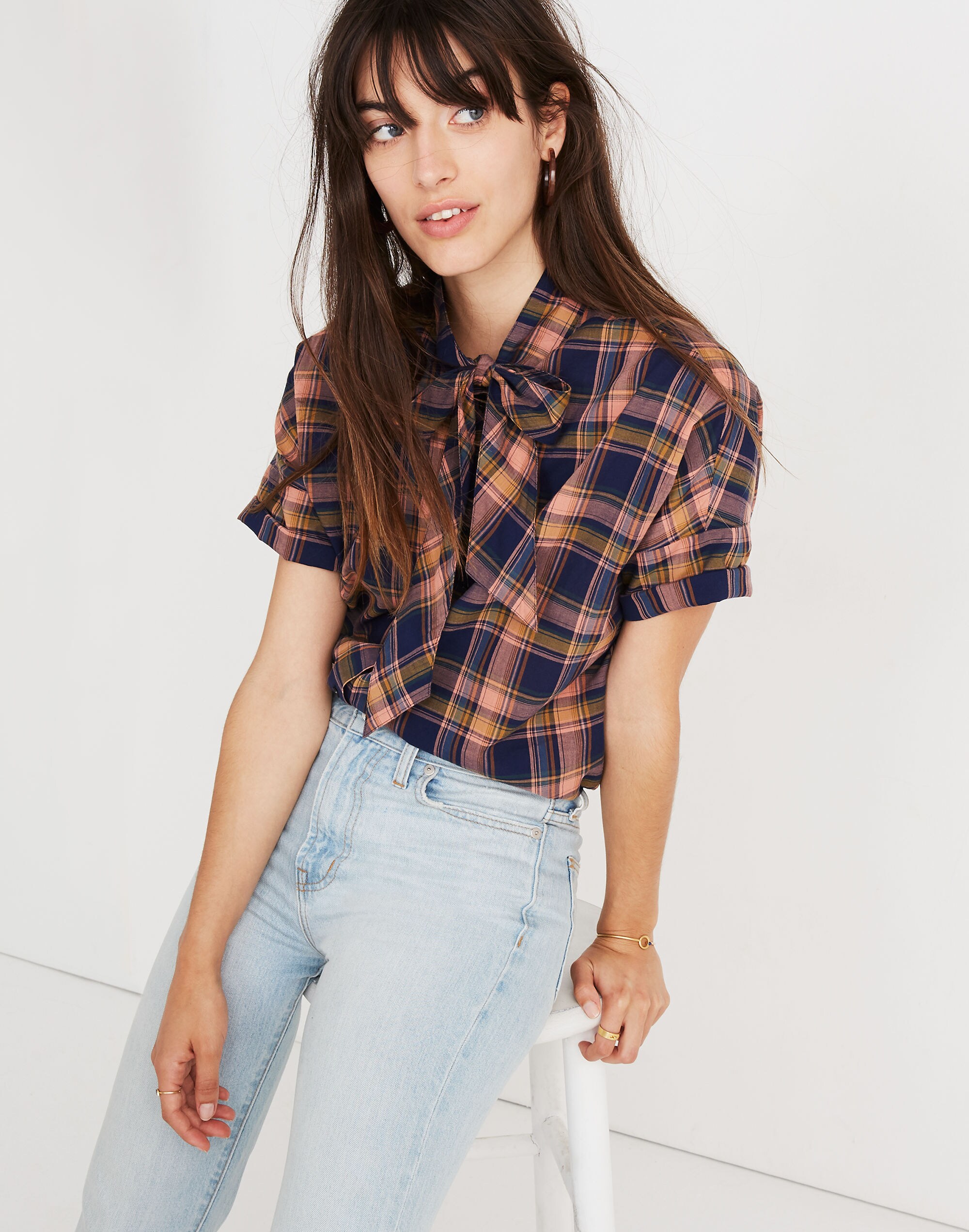 Short-Sleeve Tie-Neck Shirt in Junipero Plaid