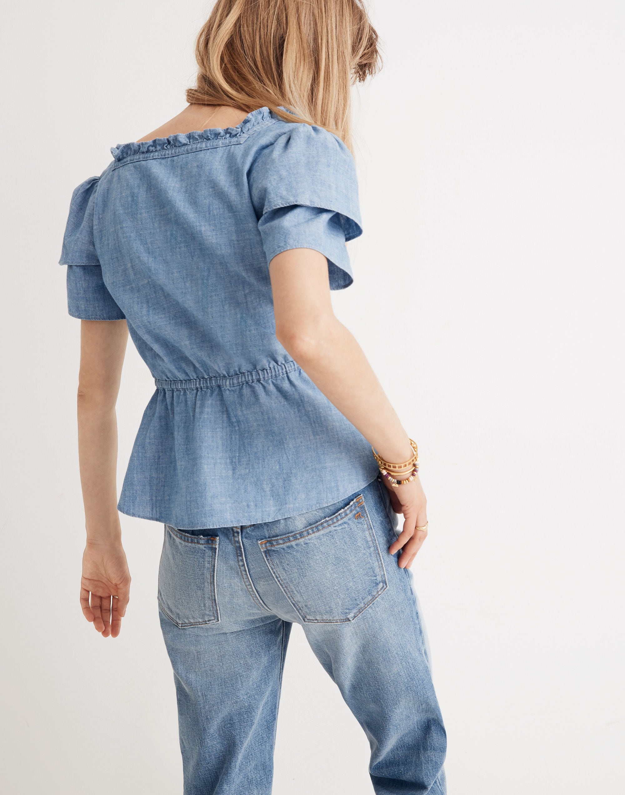 Chambray Ruffle-Sleeve Peplum Top