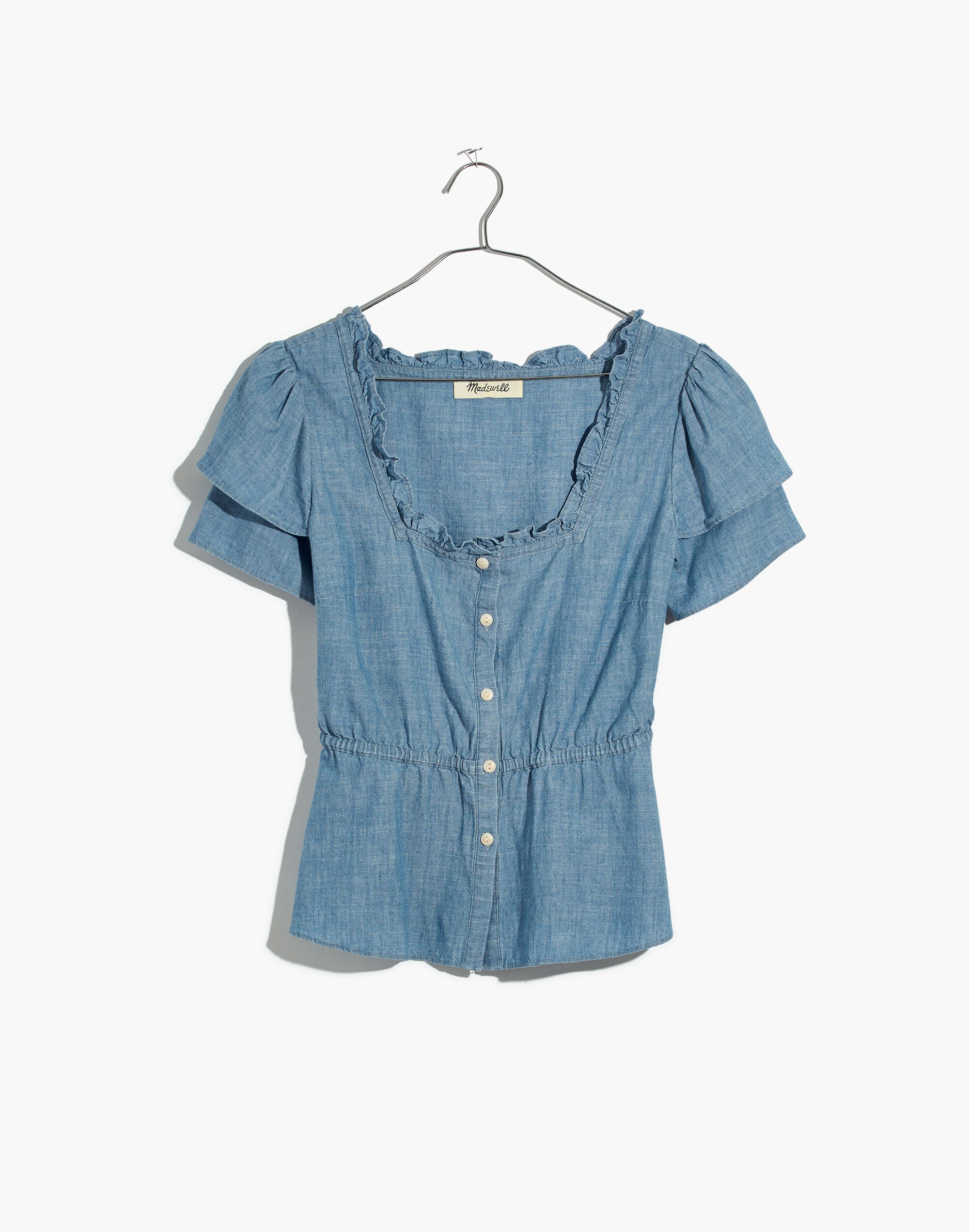 Chambray Ruffle-Sleeve Peplum Top