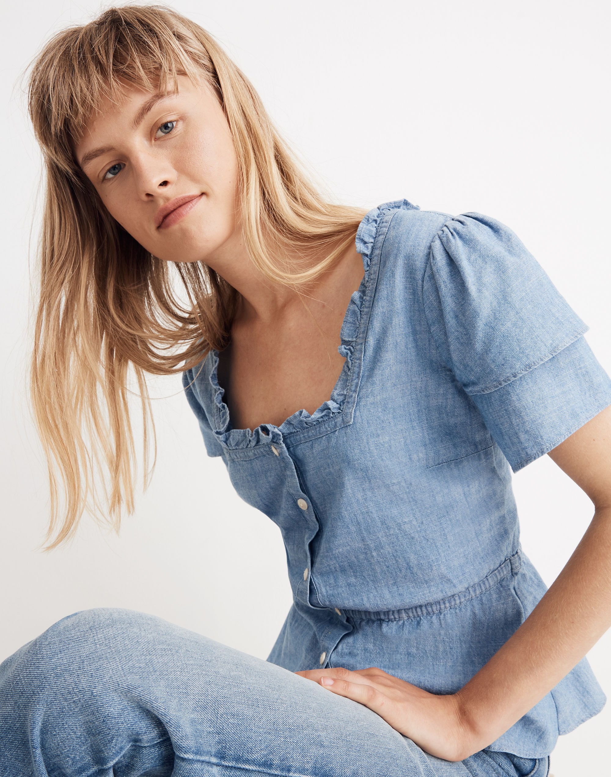 Chambray Ruffle-Sleeve Peplum Top