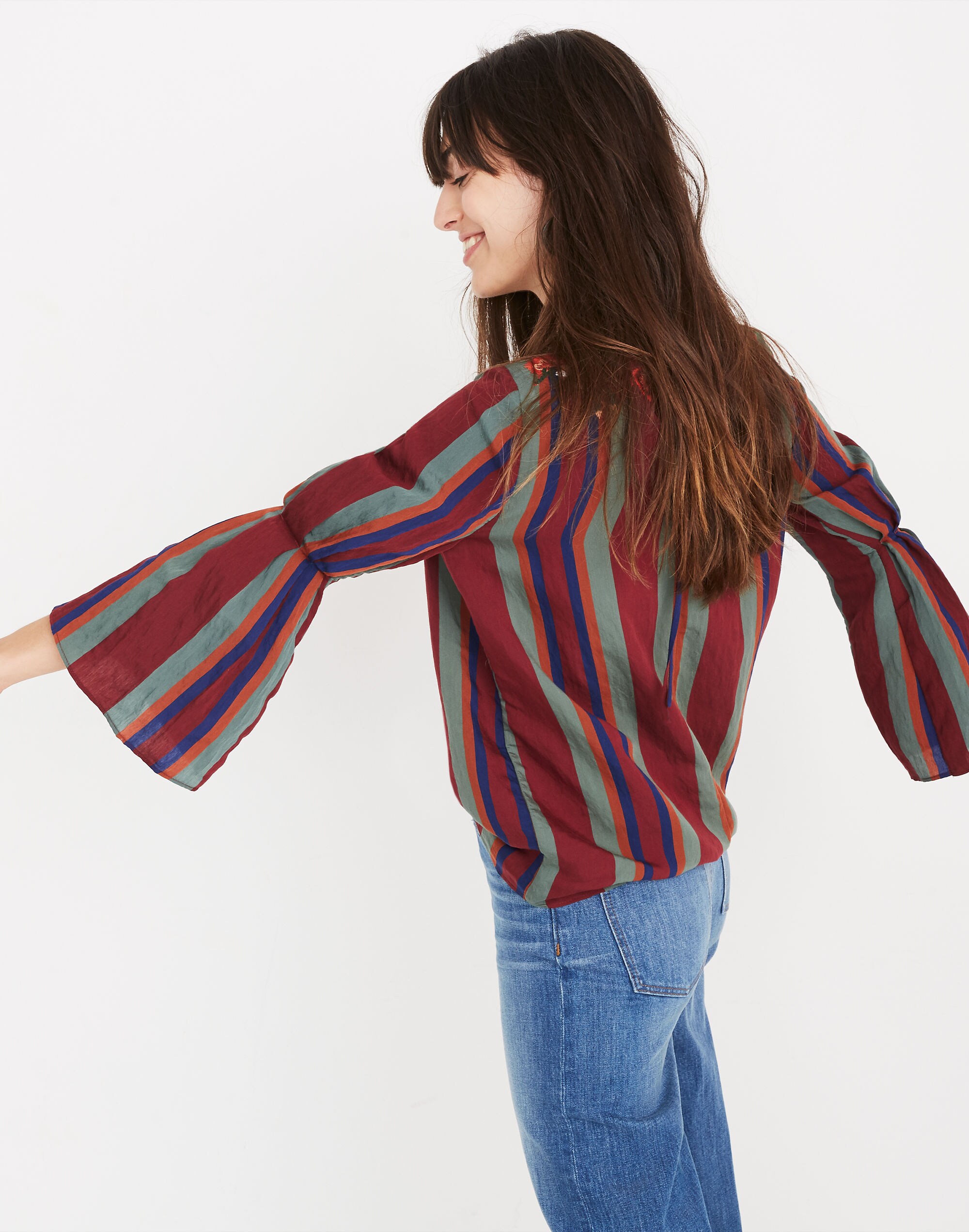 Embroidered Pleat-Sleeve Top in Rosalinda Stripe