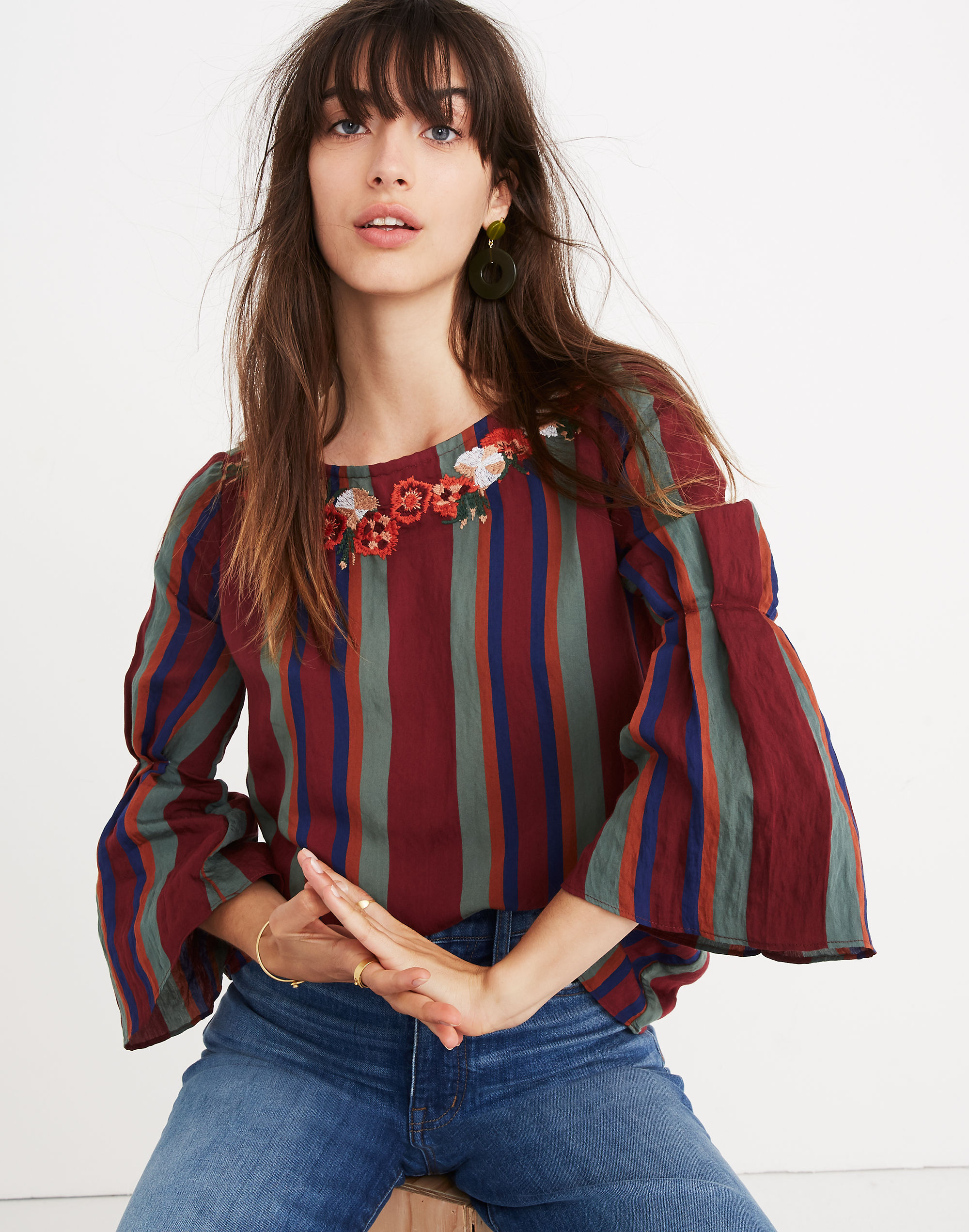 Embroidered Pleat-Sleeve Top in Rosalinda Stripe