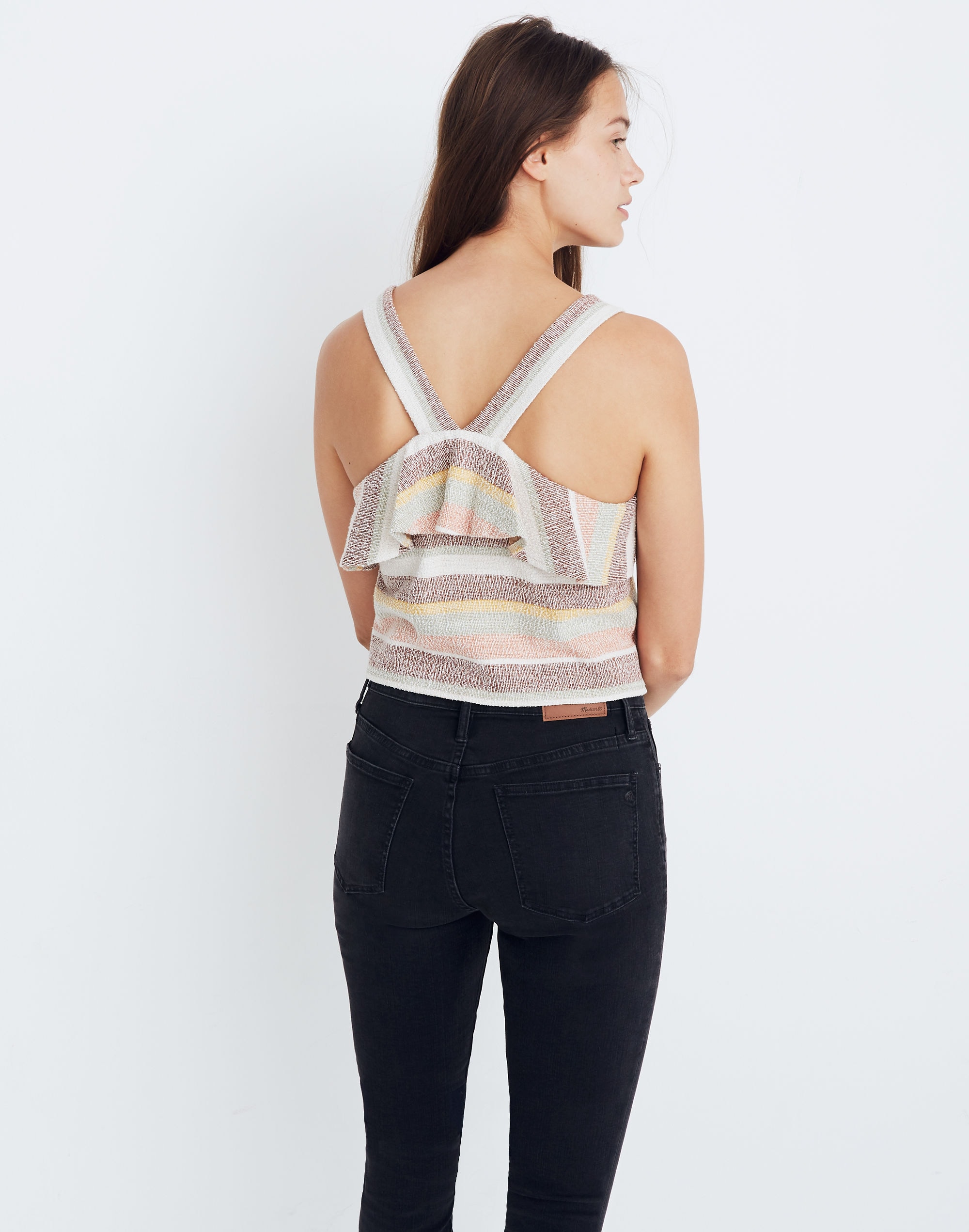 Texture &amp; Thread Ruffle Tie-Front Tank in Stripe