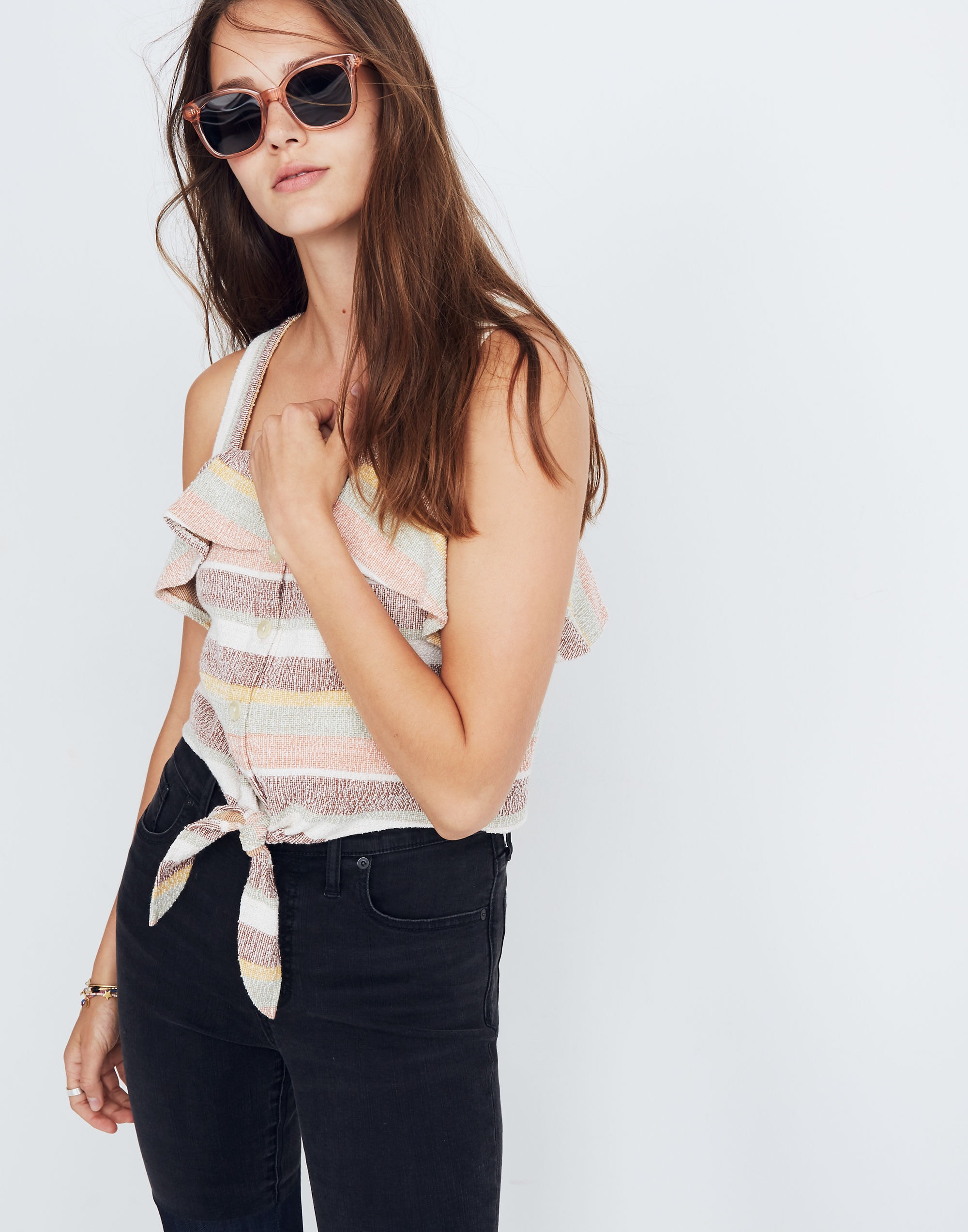 Texture &amp; Thread Ruffle Tie-Front Tank in Stripe