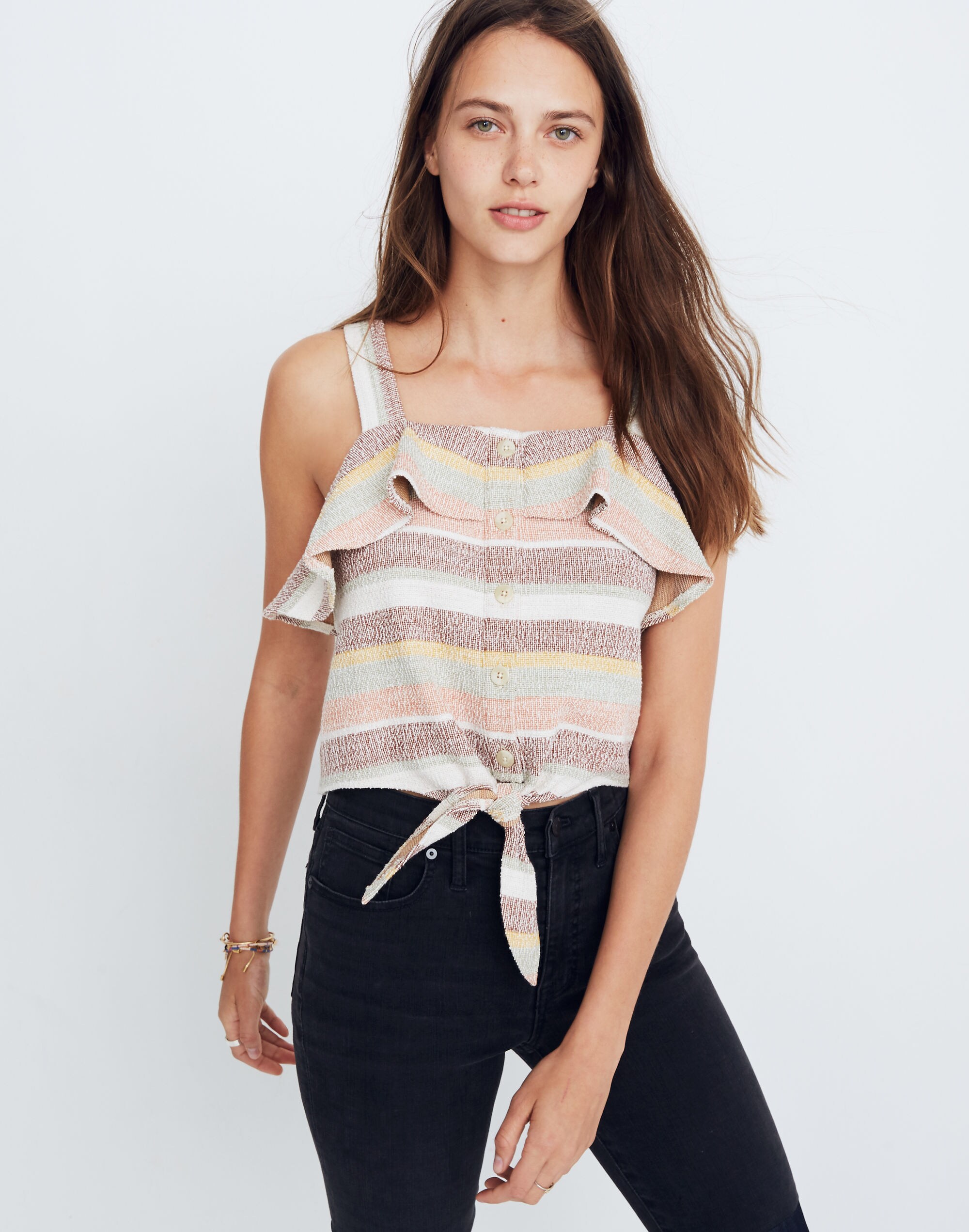 Texture &amp; Thread Ruffle Tie-Front Tank in Stripe