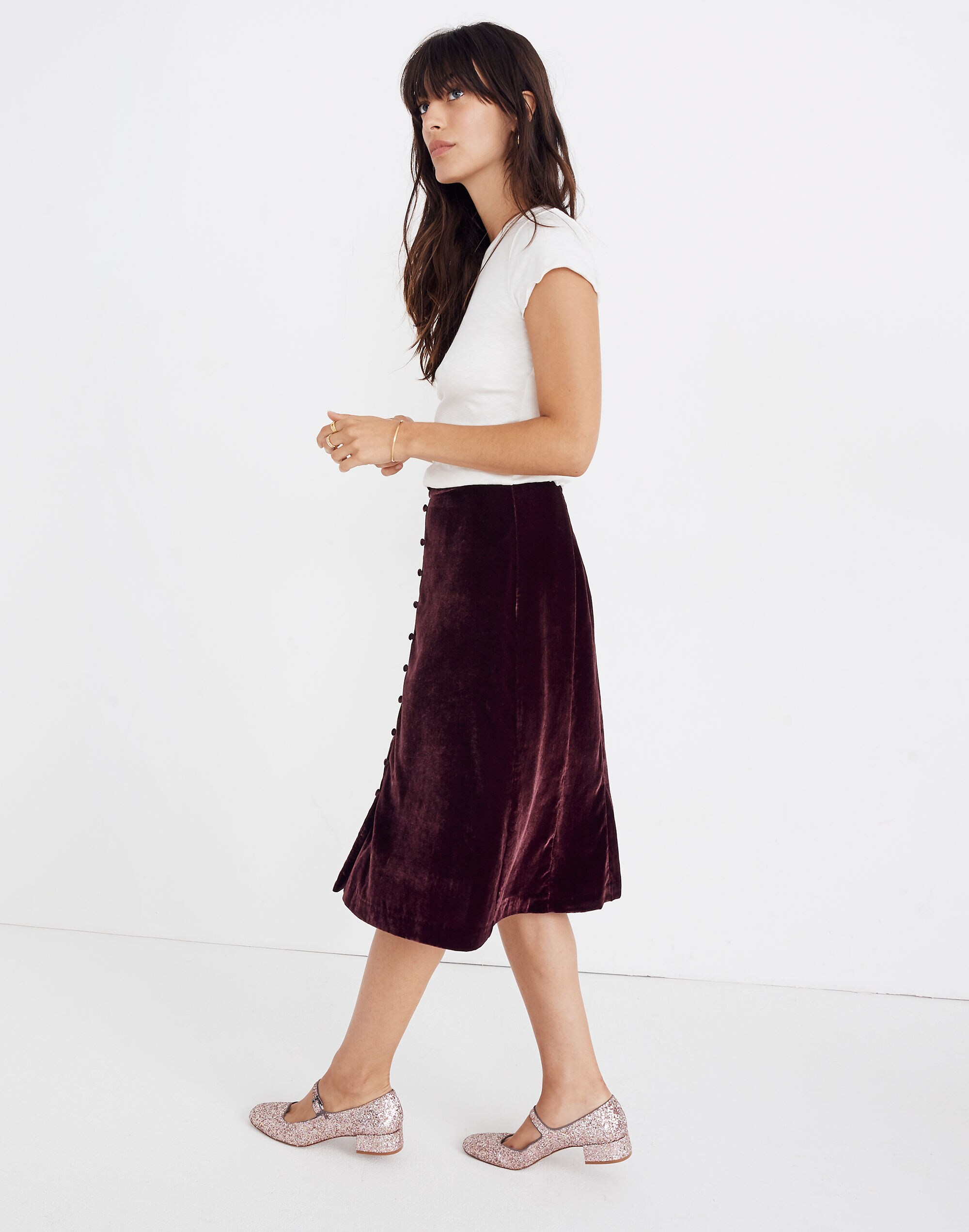 Velvet Button-Front Midi Skirt