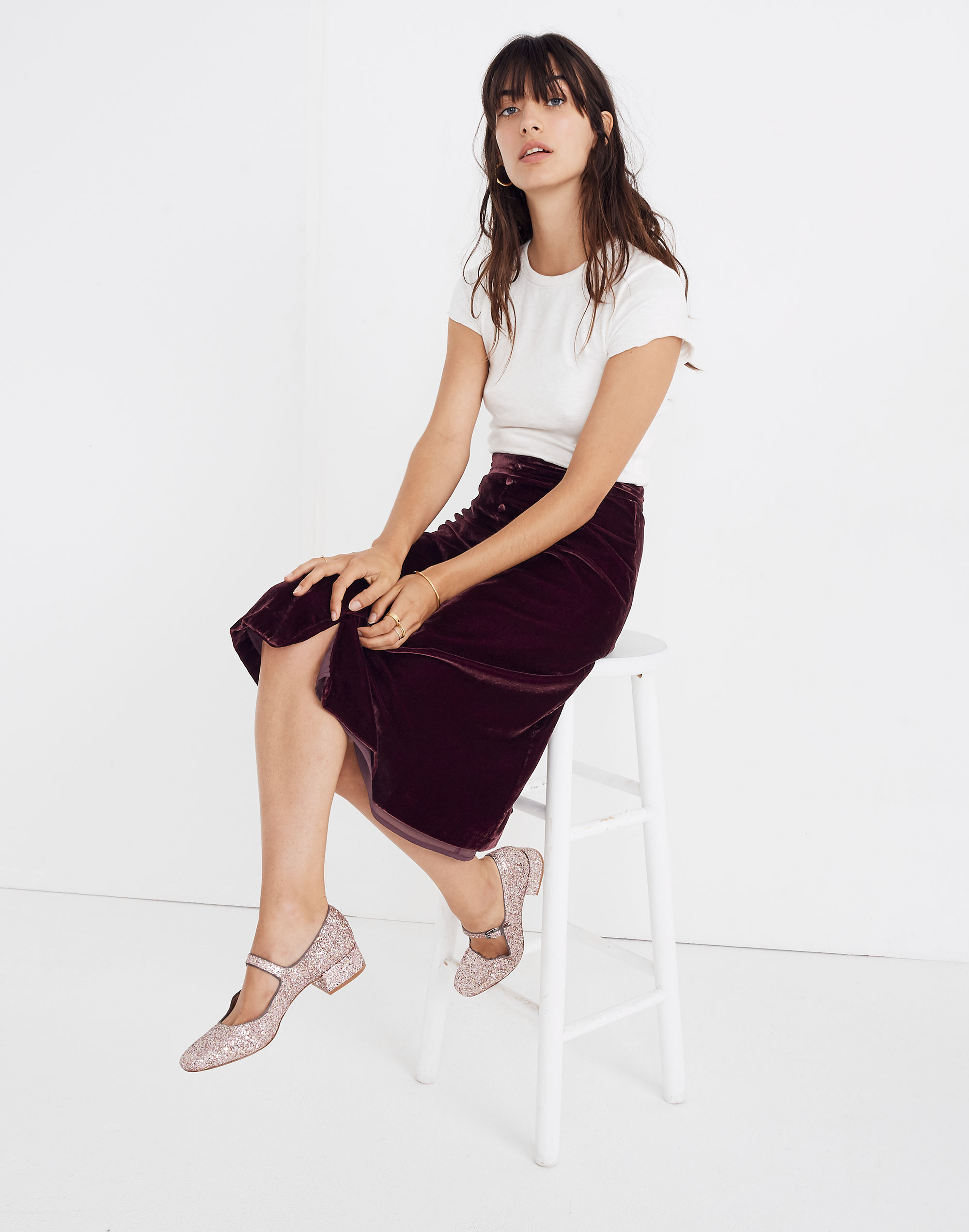 Velvet Button-Front Midi Skirt