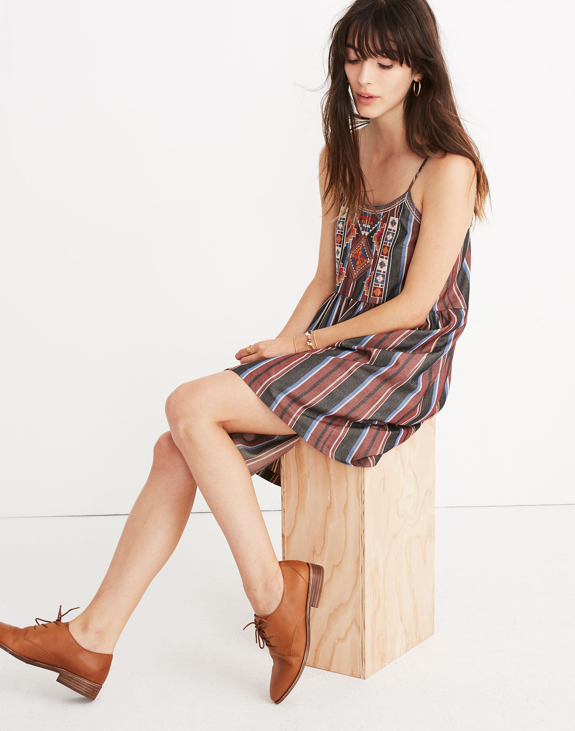 Embroidered Babydoll Cami Dress in Stripe