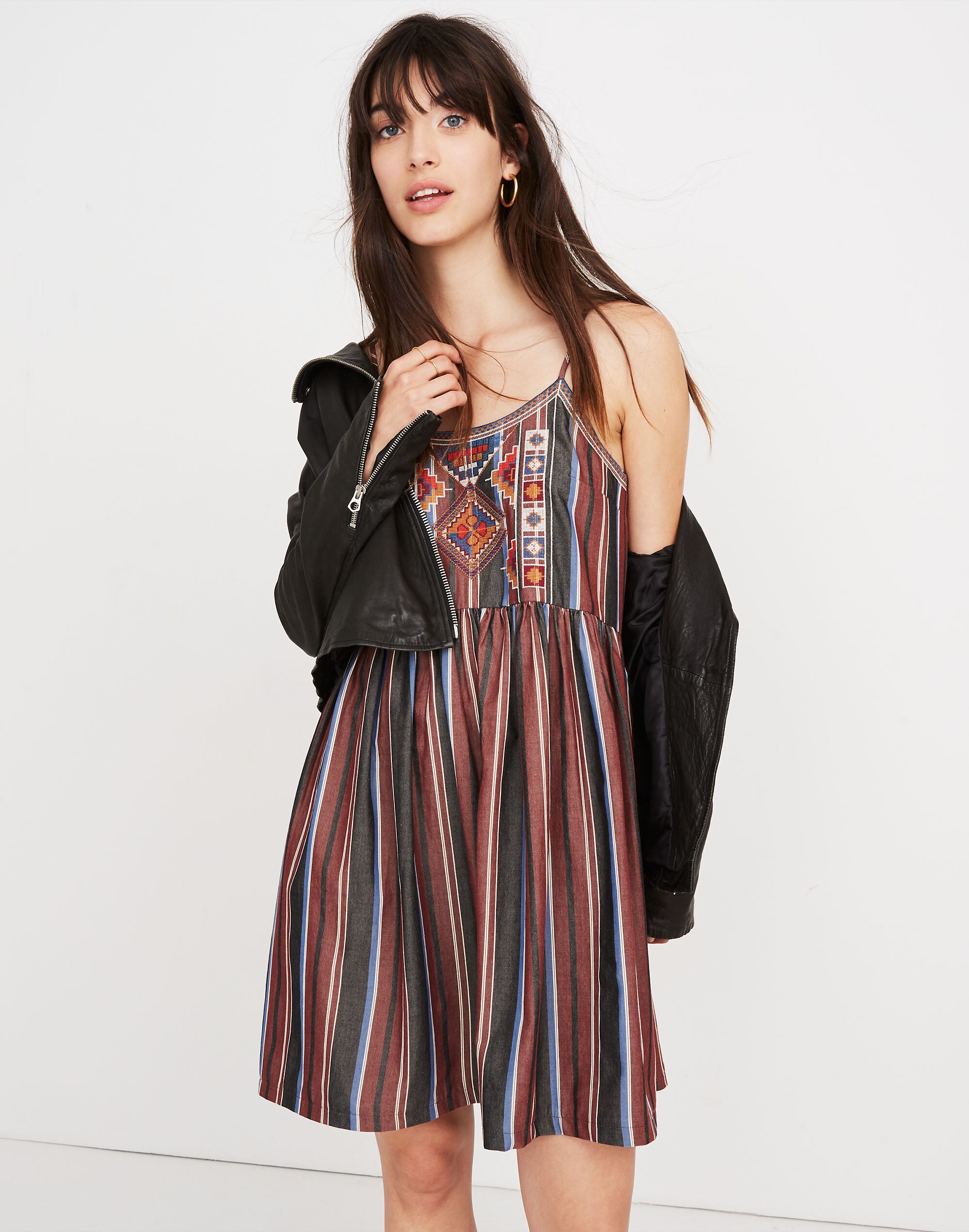 Embroidered Babydoll Cami Dress in Stripe