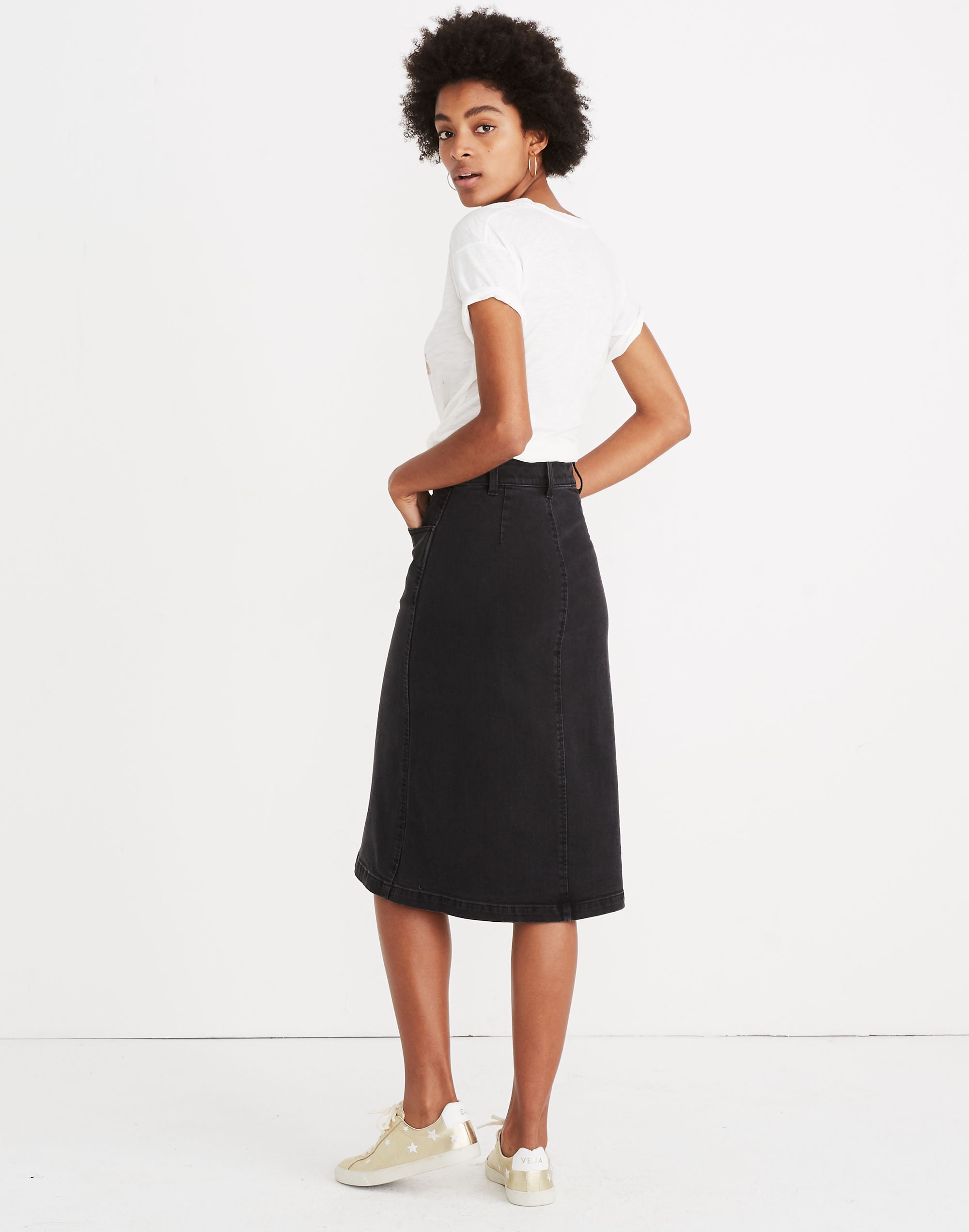 Denim Zip Midi Skirt in Lunar Wash