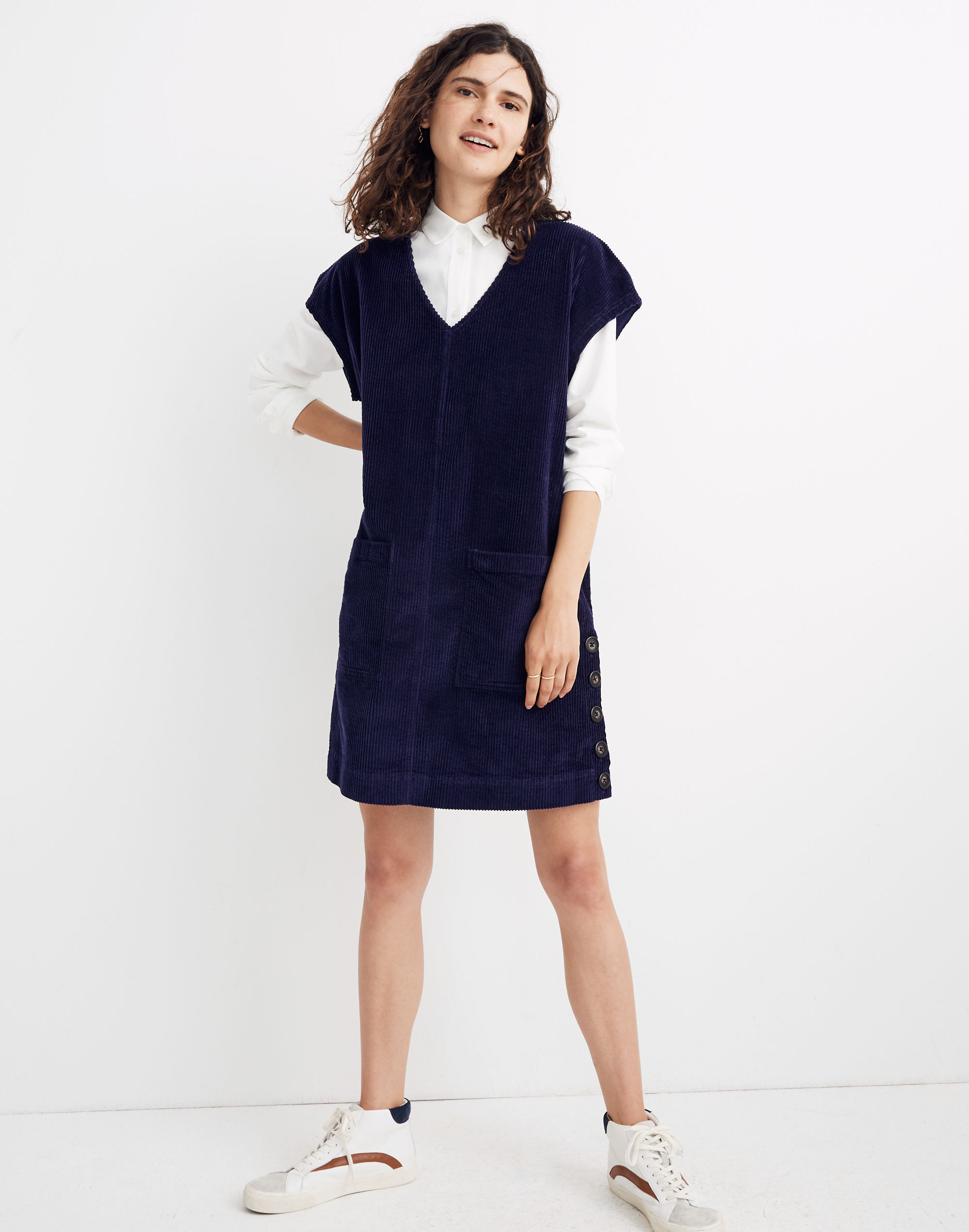 Corduroy Side-Button Shift Dress