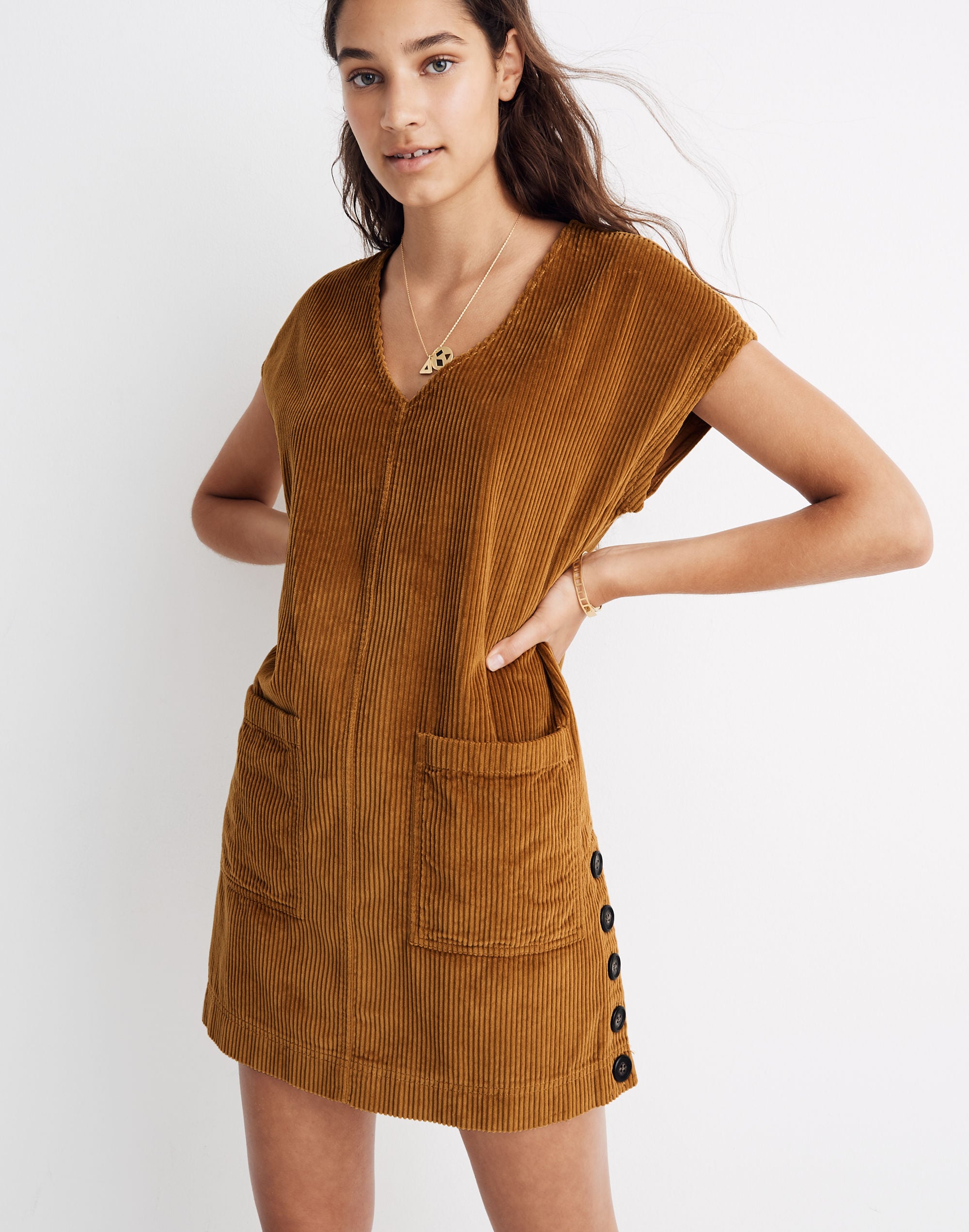corduroy side-button shift dress