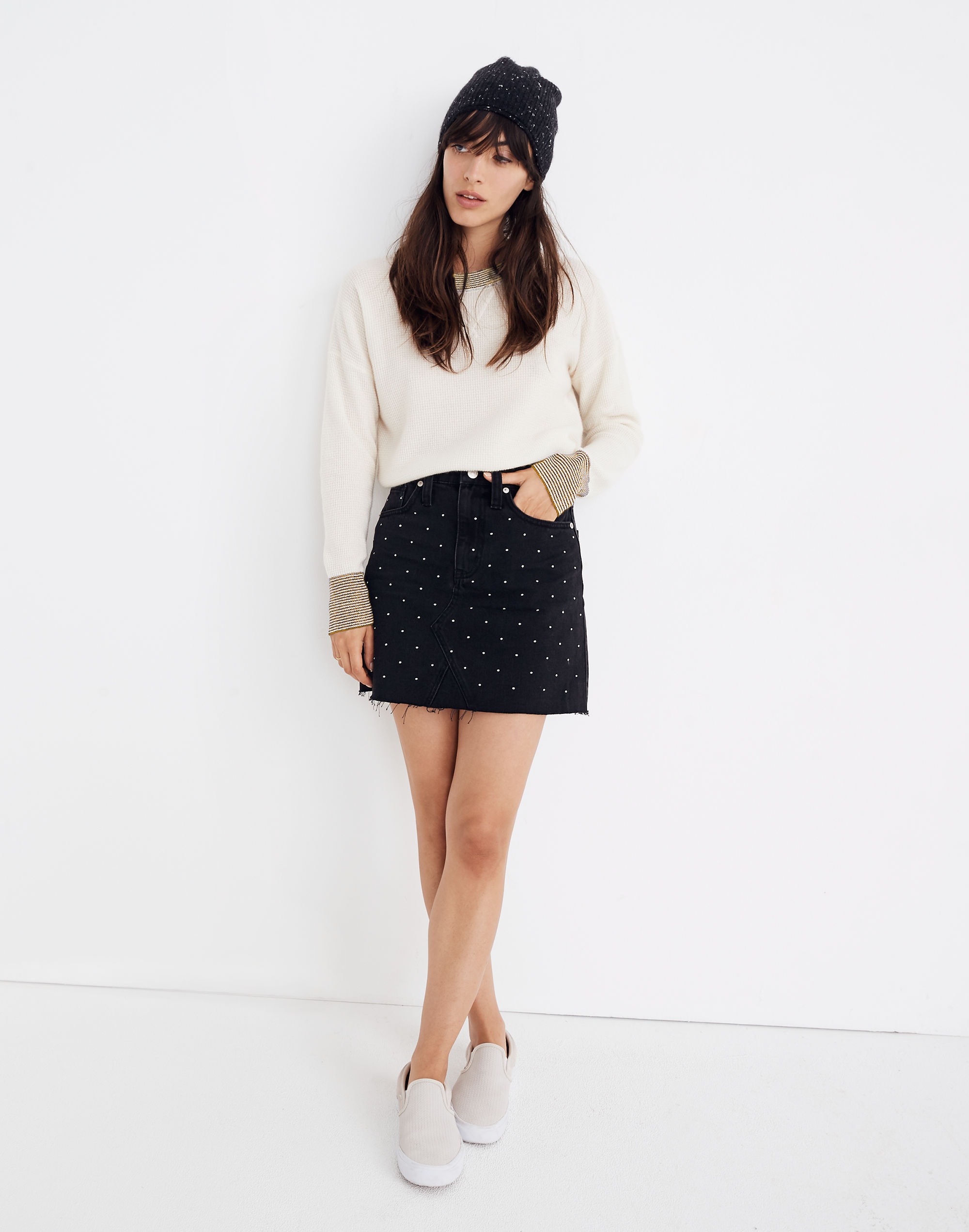 Rigid Denim A-Line Mini Skirt: Metallic Dots Edition