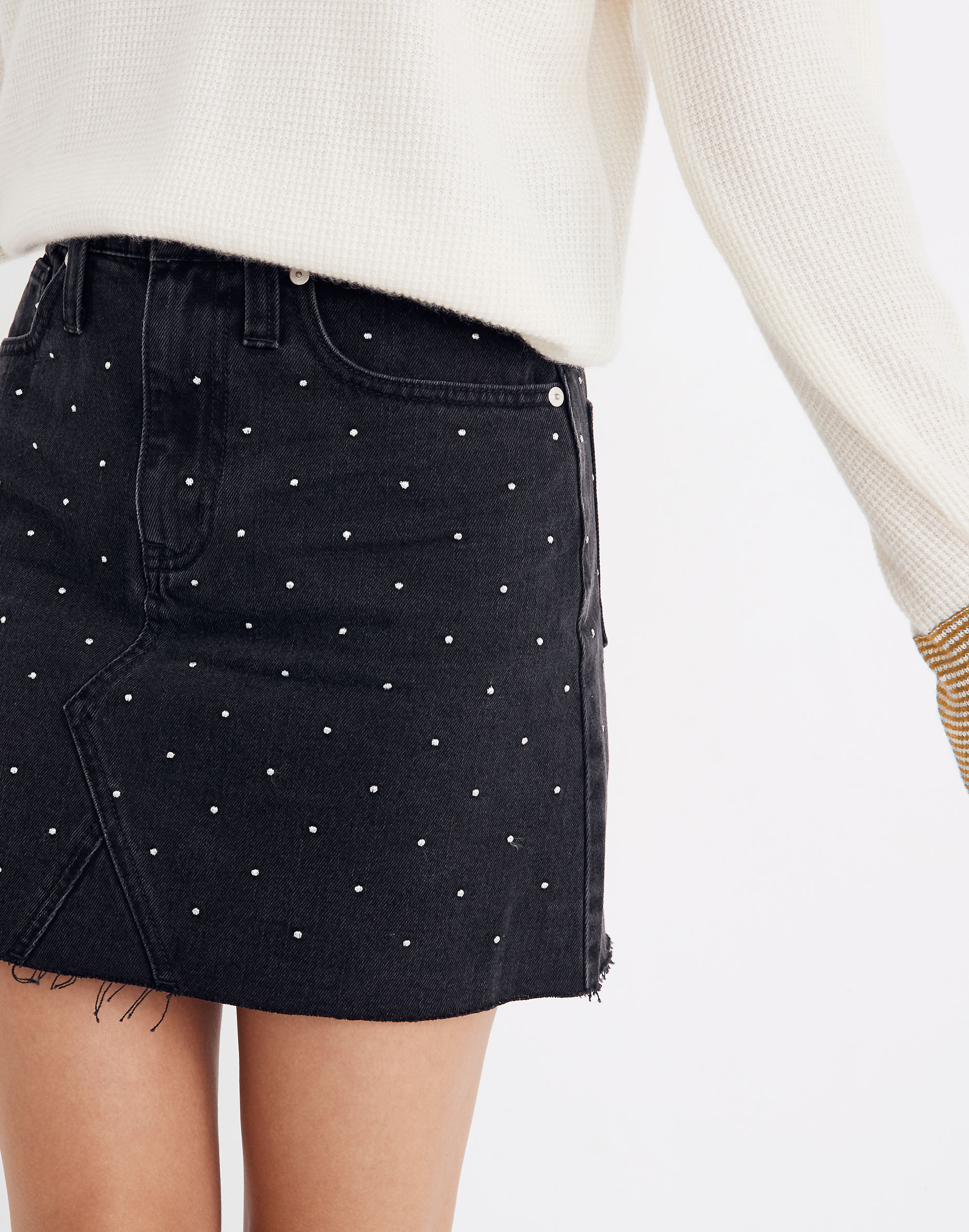 Rigid Denim A-Line Mini Skirt: Metallic Dots Edition