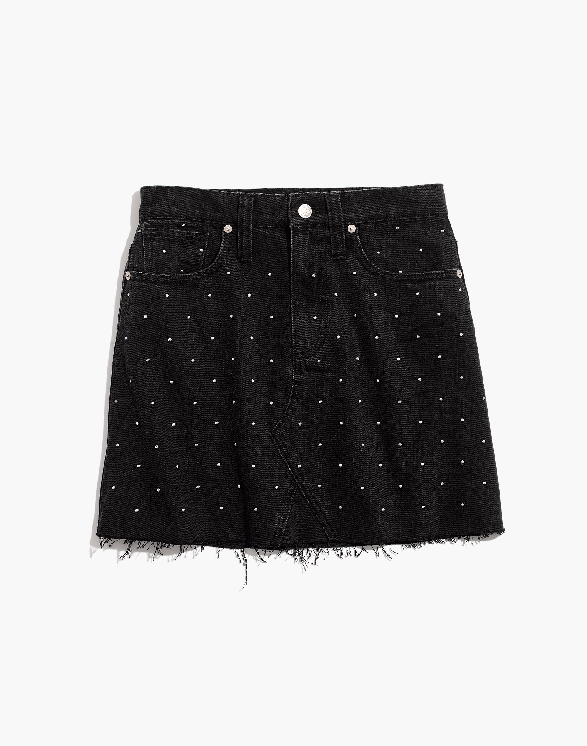 Rigid Denim A-Line Mini Skirt: Metallic Dots Edition