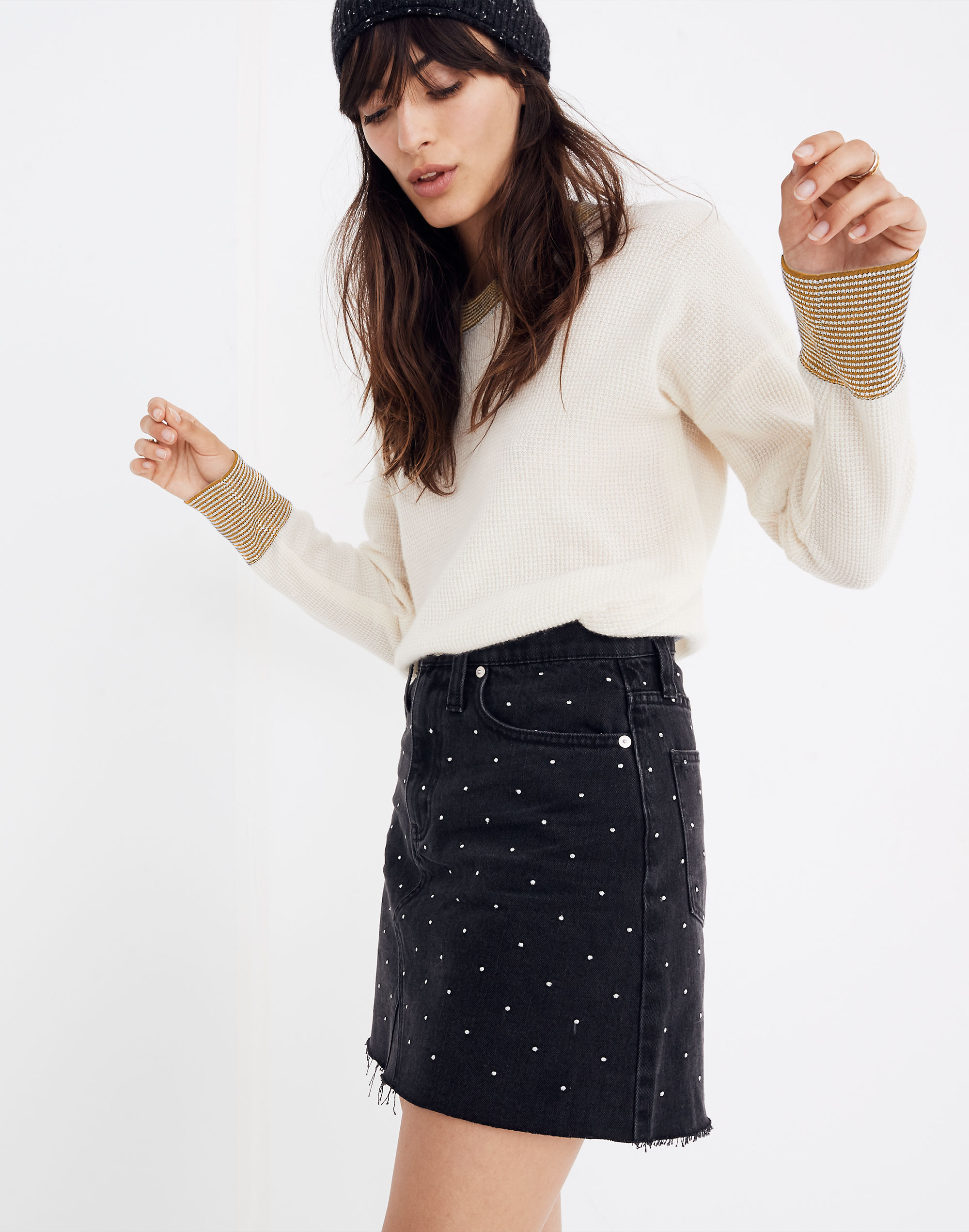 Rigid Denim A-Line Mini Skirt: Metallic Dots Edition