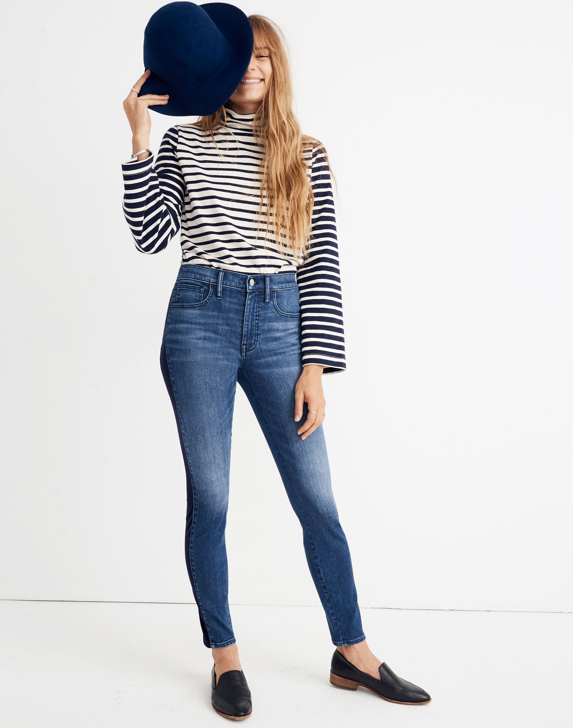 9" Mid-Rise Skinny Jeans in Beattie Wash: Velvet Tuxedo Stripe Edition