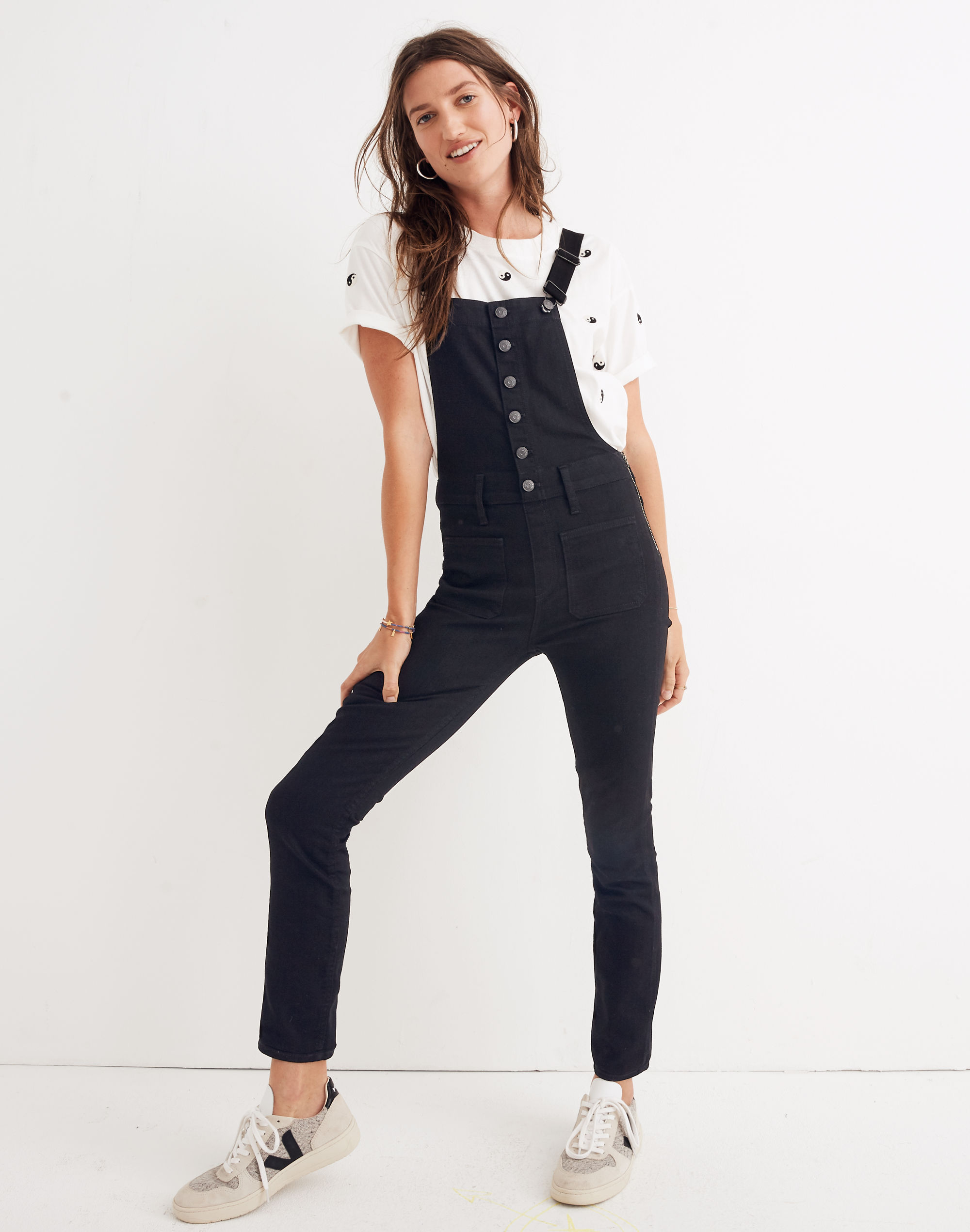 skinny overalls in black frost: button-front edition