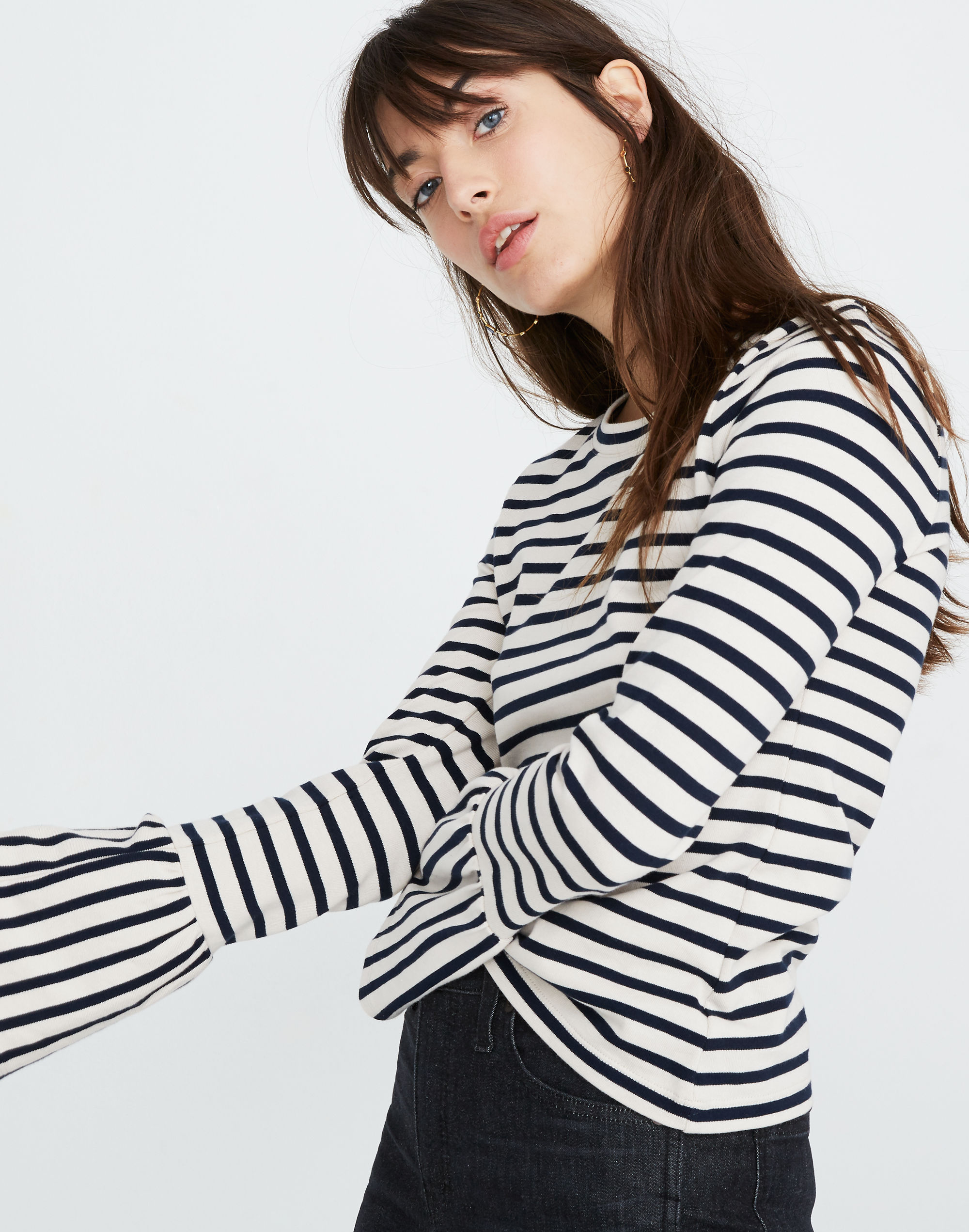 Stripe-Play Ruffle-Cuff Top