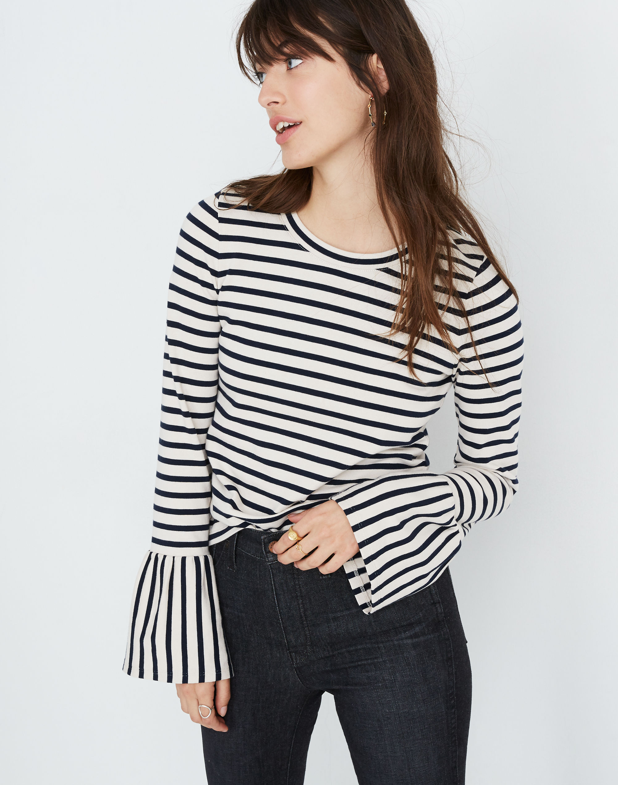 Stripe-Play Ruffle-Cuff Top