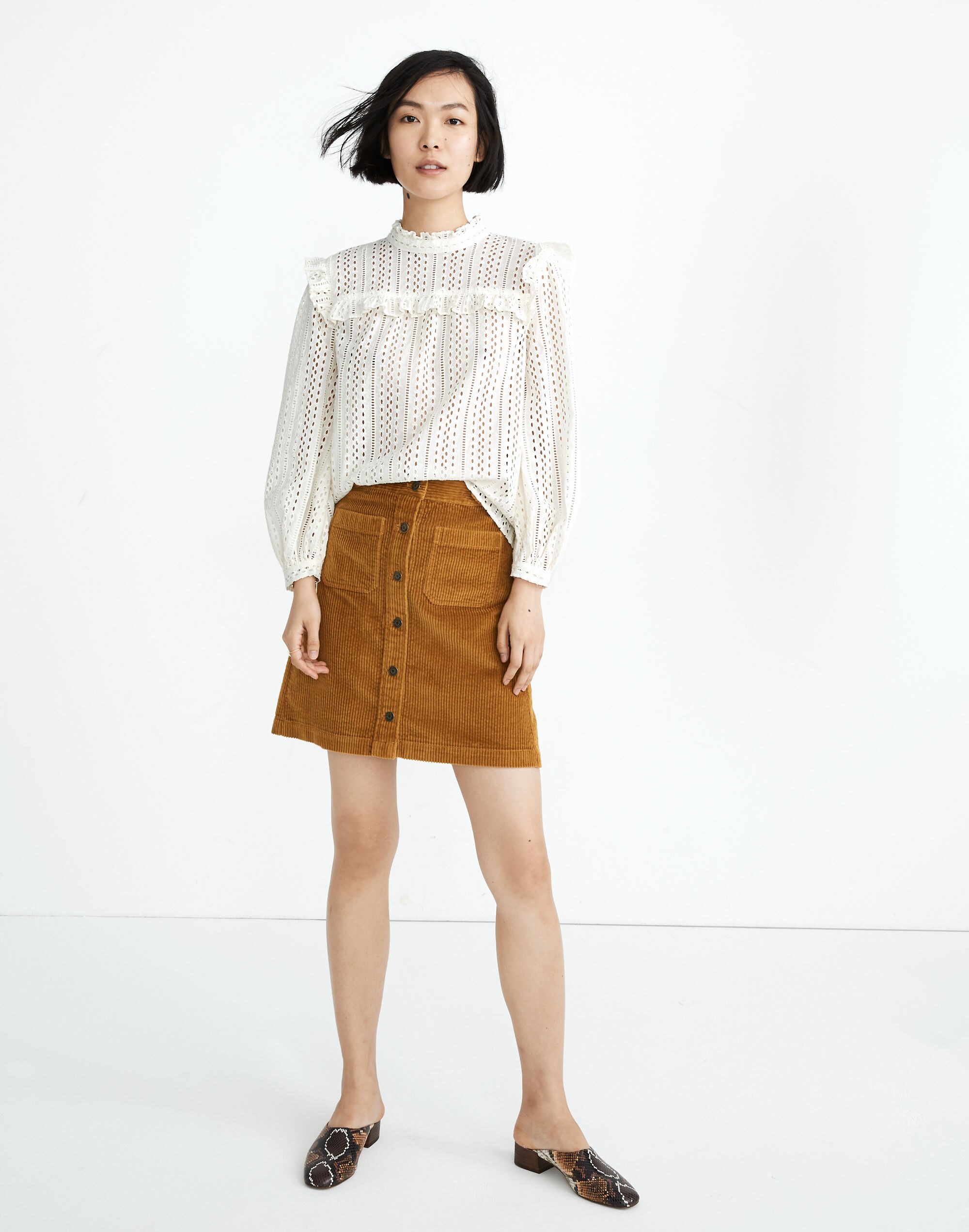 Eyelet Mockneck Ruffle Top