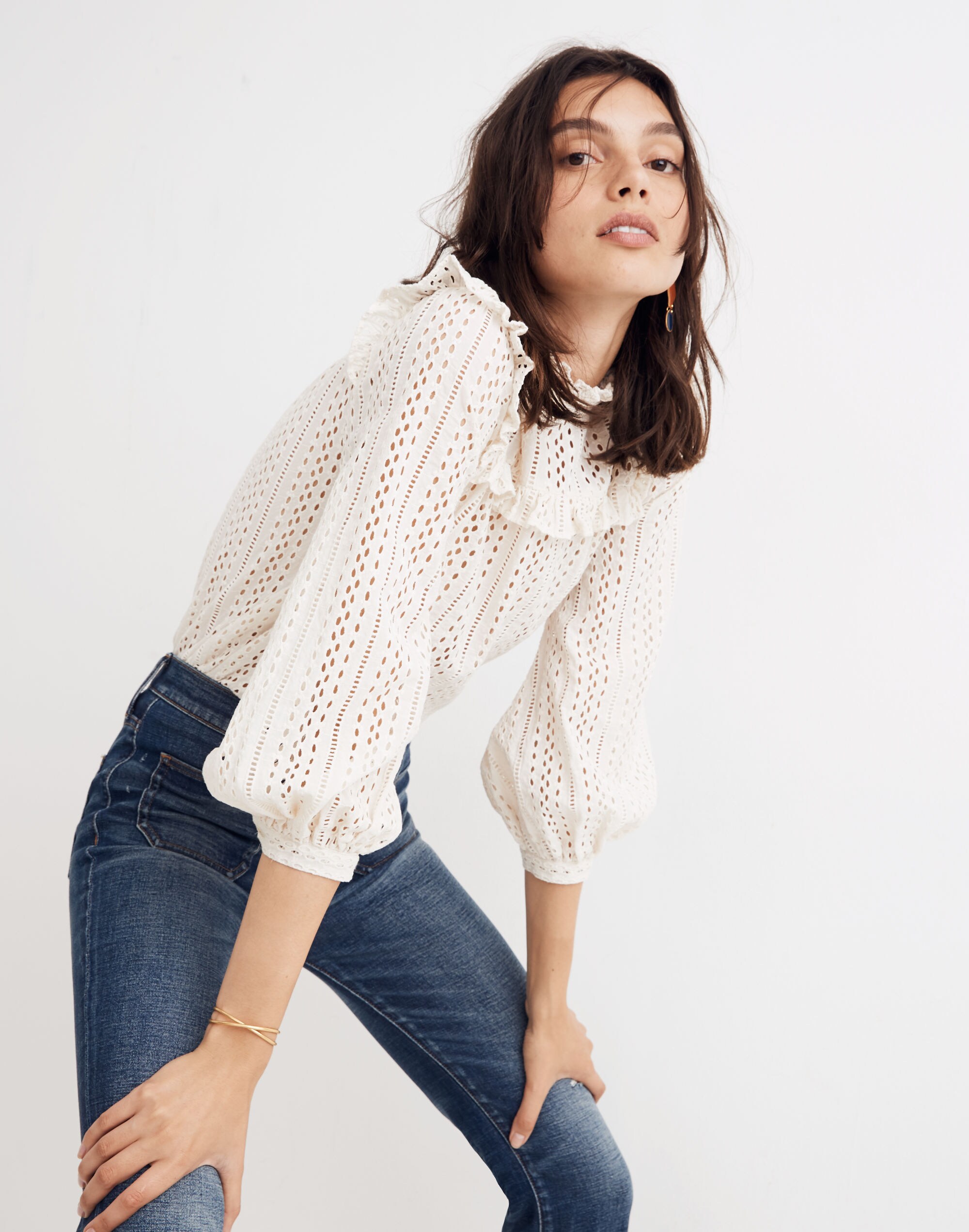 Eyelet Mockneck Ruffle Top