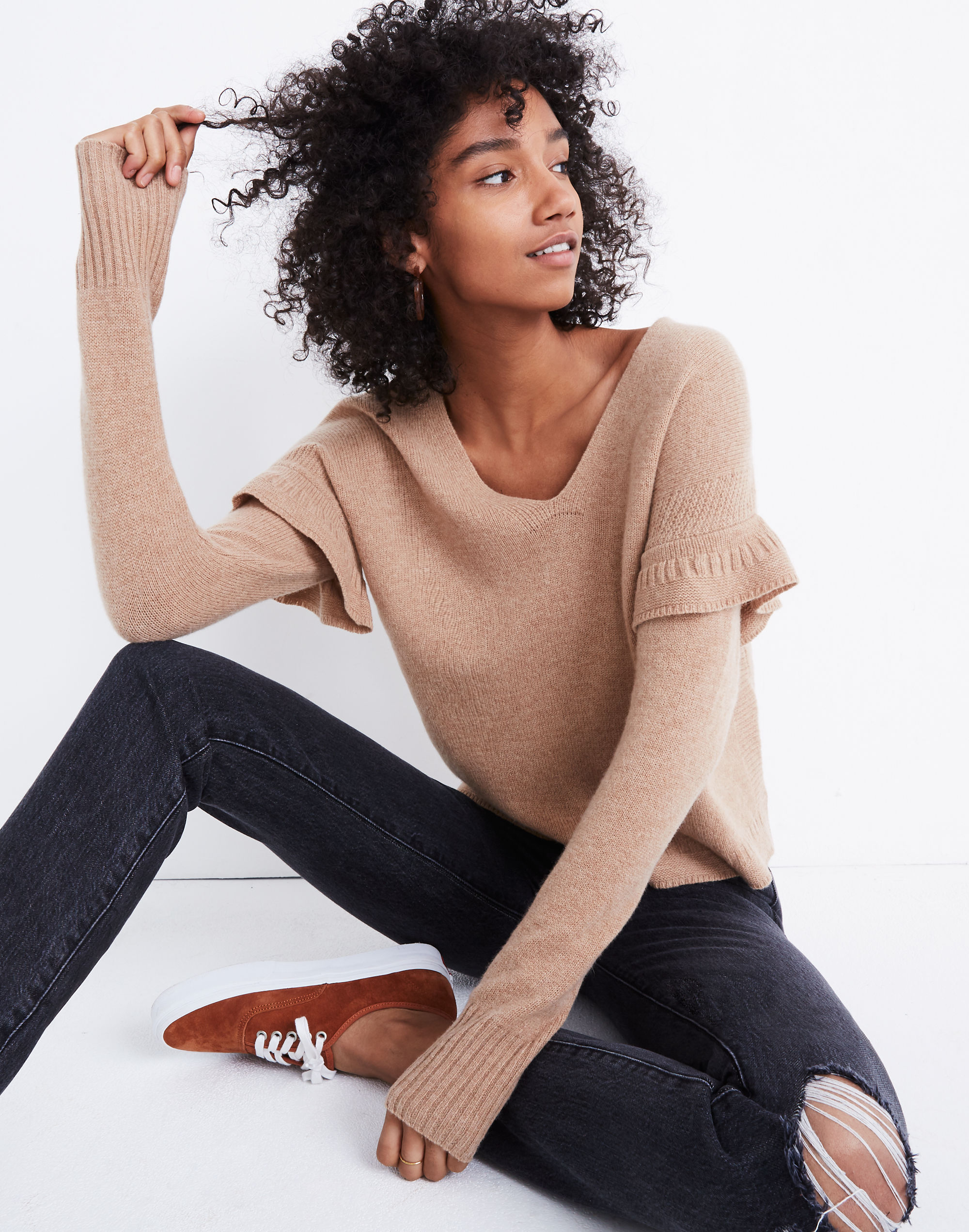 Ruffled Stitch-Play Pullover Sweater