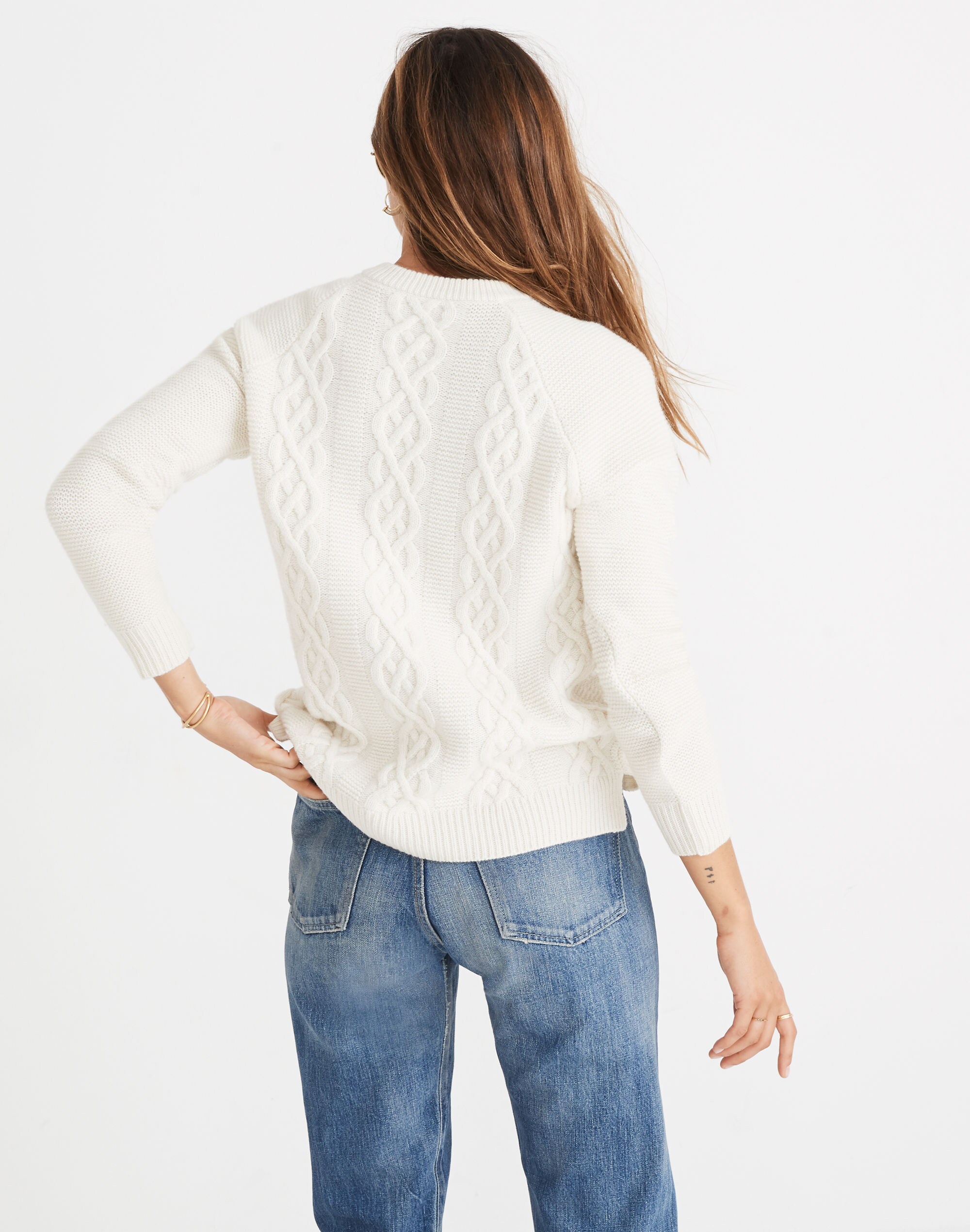 Button-Detail Cableknit Pullover Sweater